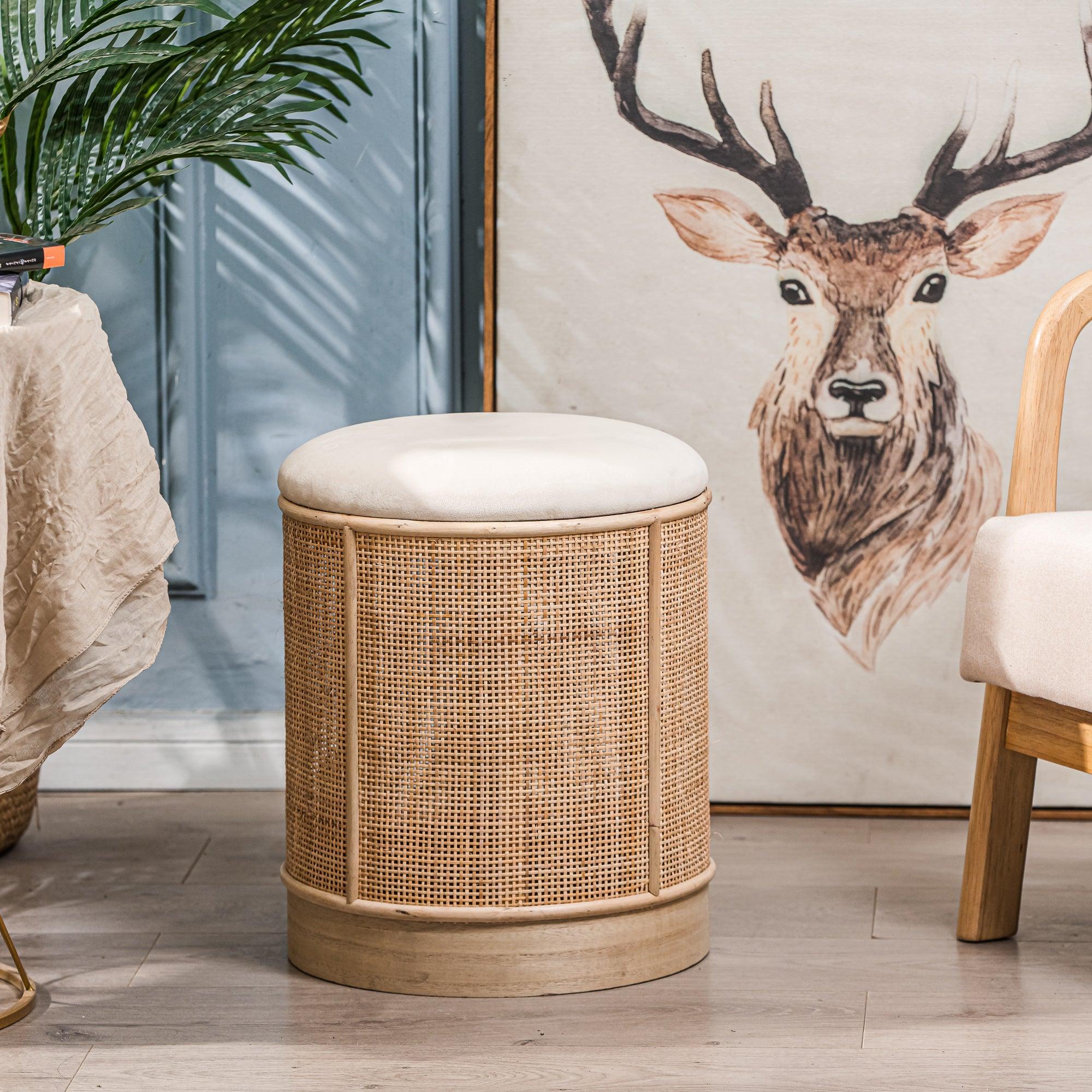 CHUO - Pouf en velours beige et rotin - Image 2
