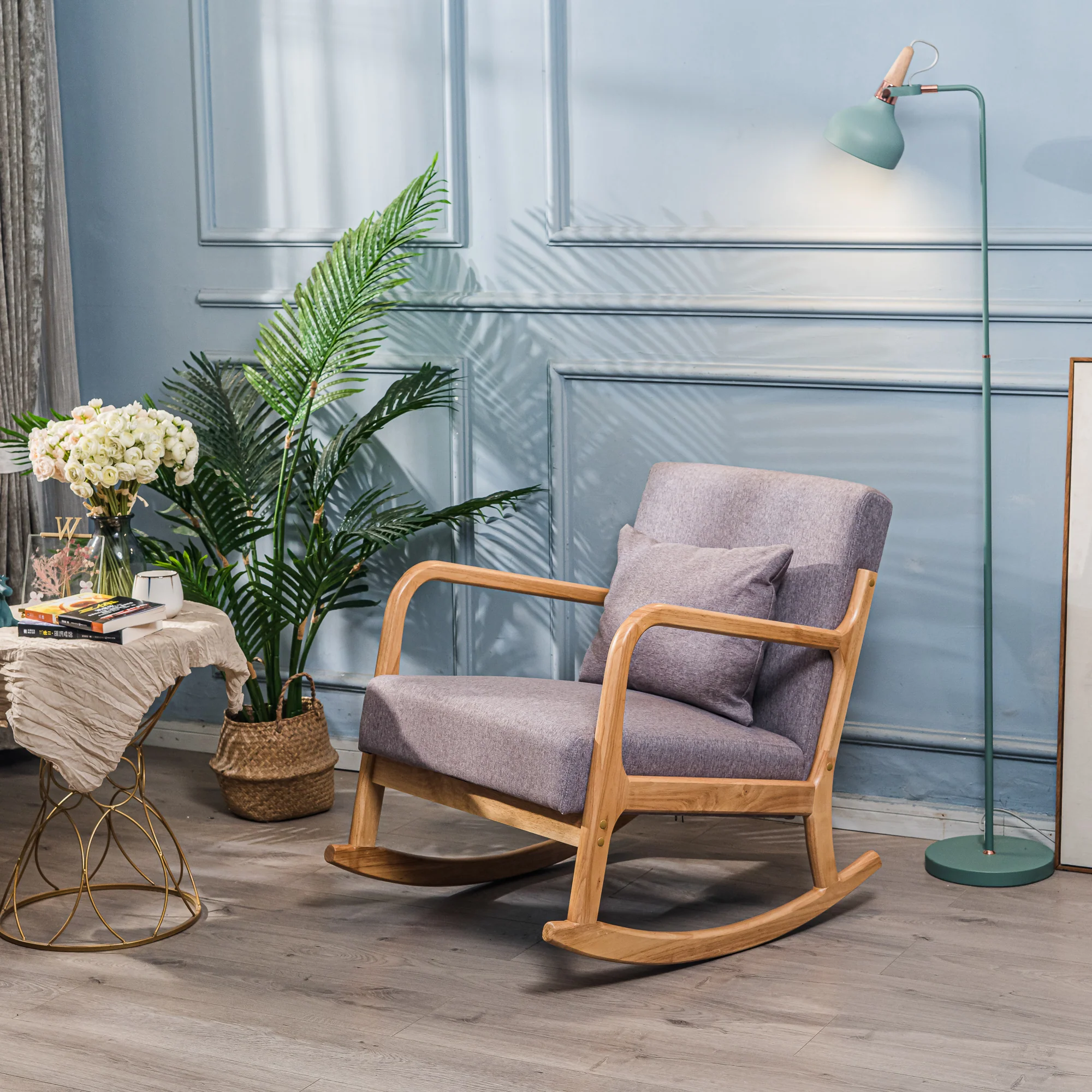 DIANA - Rocking chair en bois massif et tissu gris - Image 5