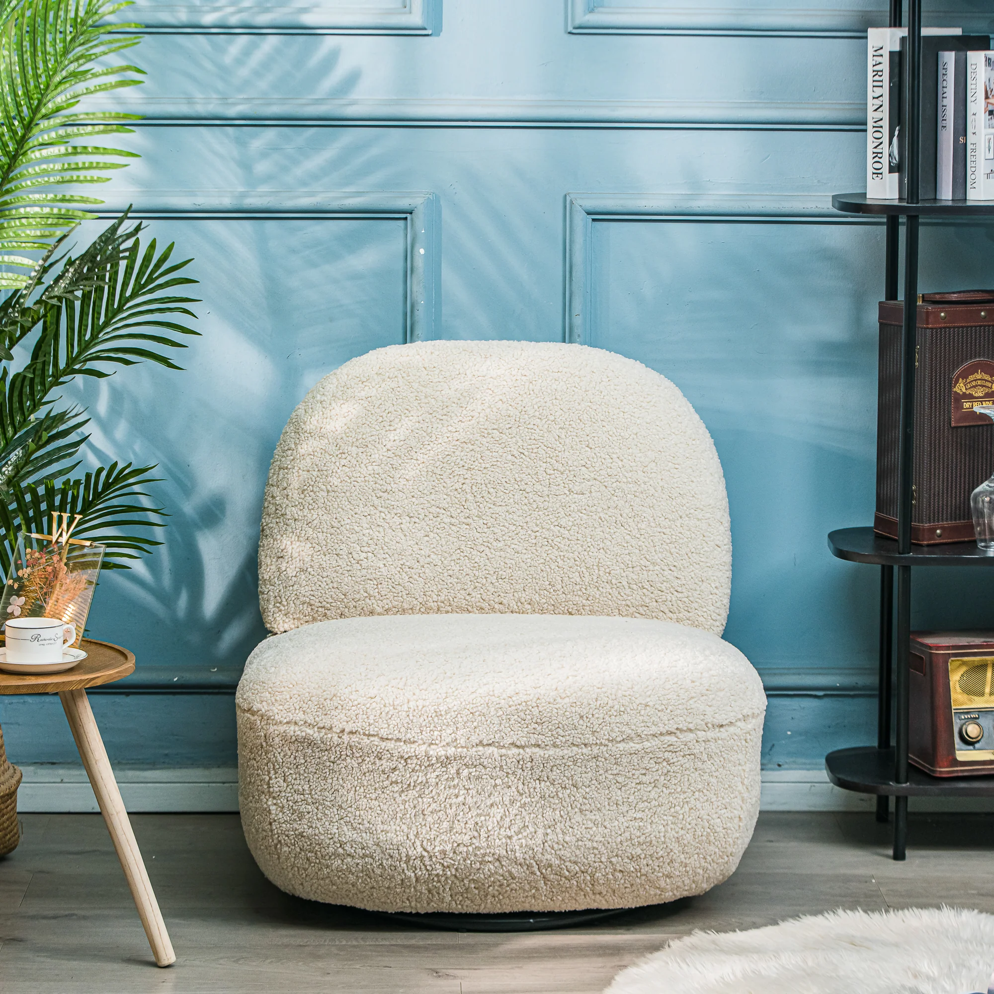 KAMPALA - Fauteuil de salon pivotant swivel en bouclettes blanches - Image 8