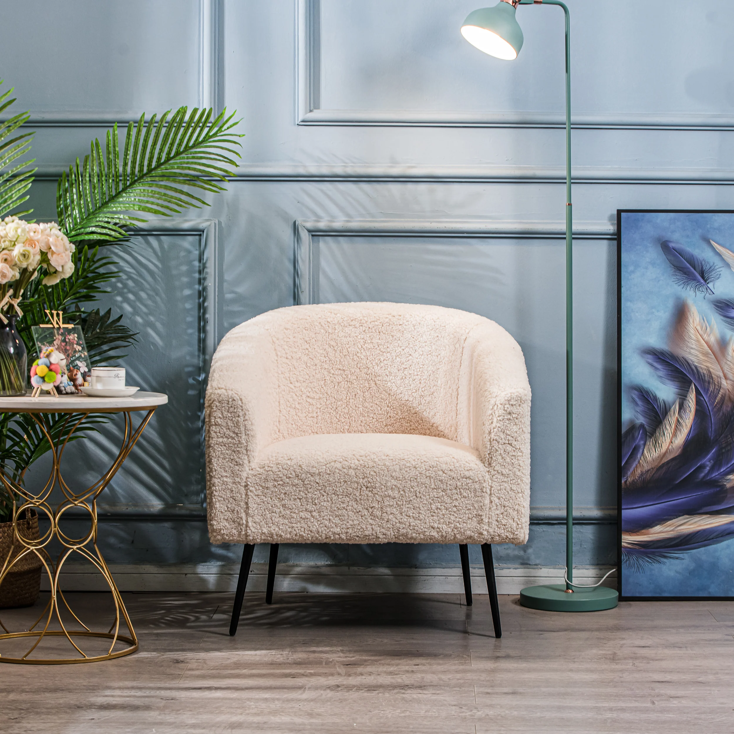 KIRUNA - Fauteuil de salon en métal et bouclettes blanches - Image 3