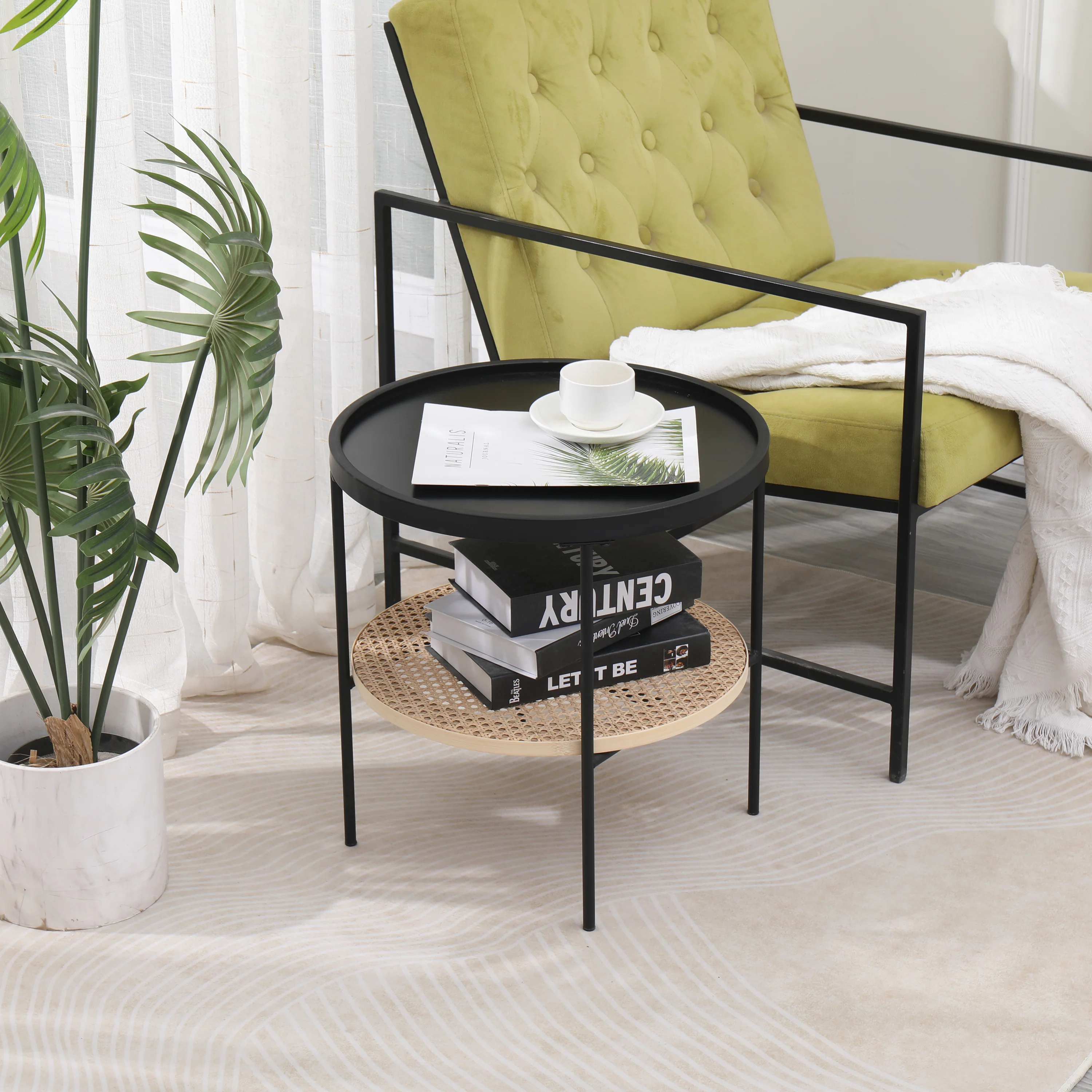 KIRYU - Table d'appoint en métal avec rangement en rotin naturel - Image 2