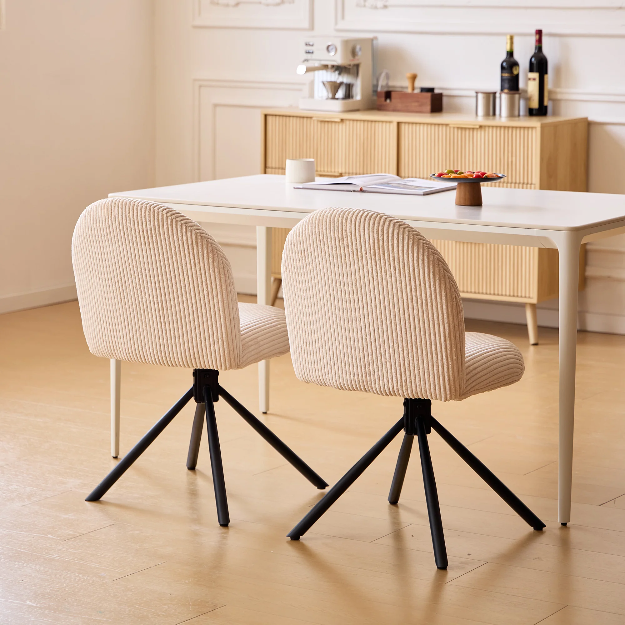 KITTILA - Lot de 2 chaises swivel rotatives en velours côtelé beige et metal - Image 3
