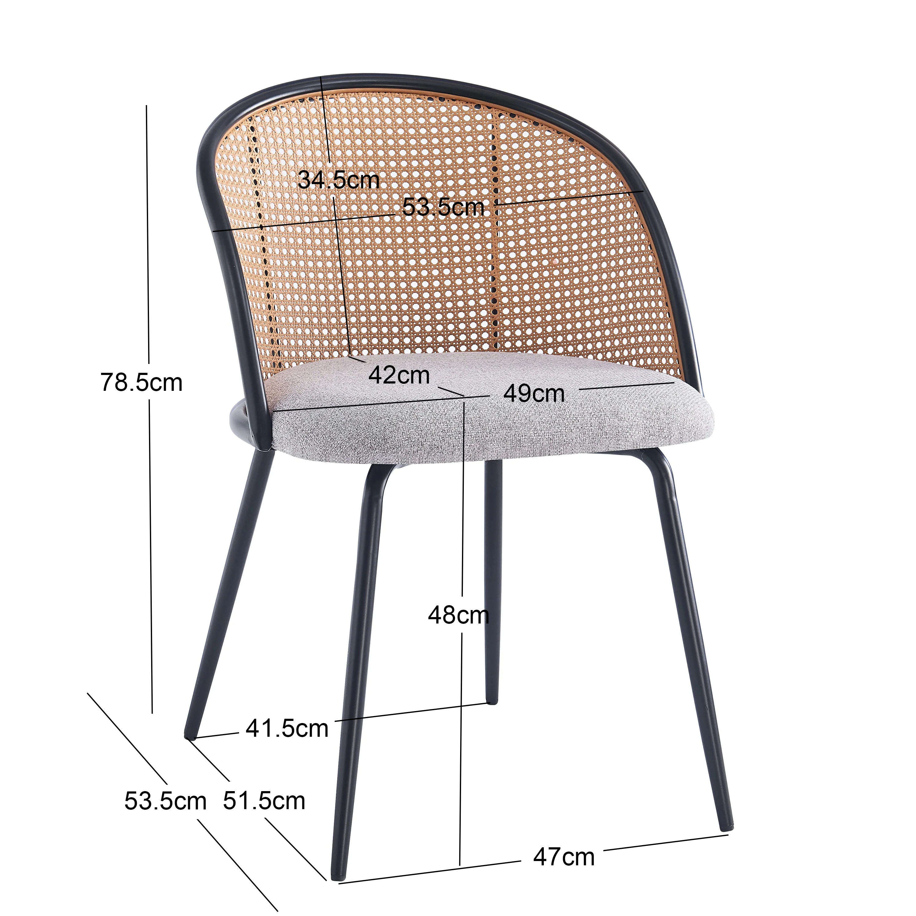 KOBE - Lot de 2 chaises en métal et cannage avec assise en tissu gris - Image 5