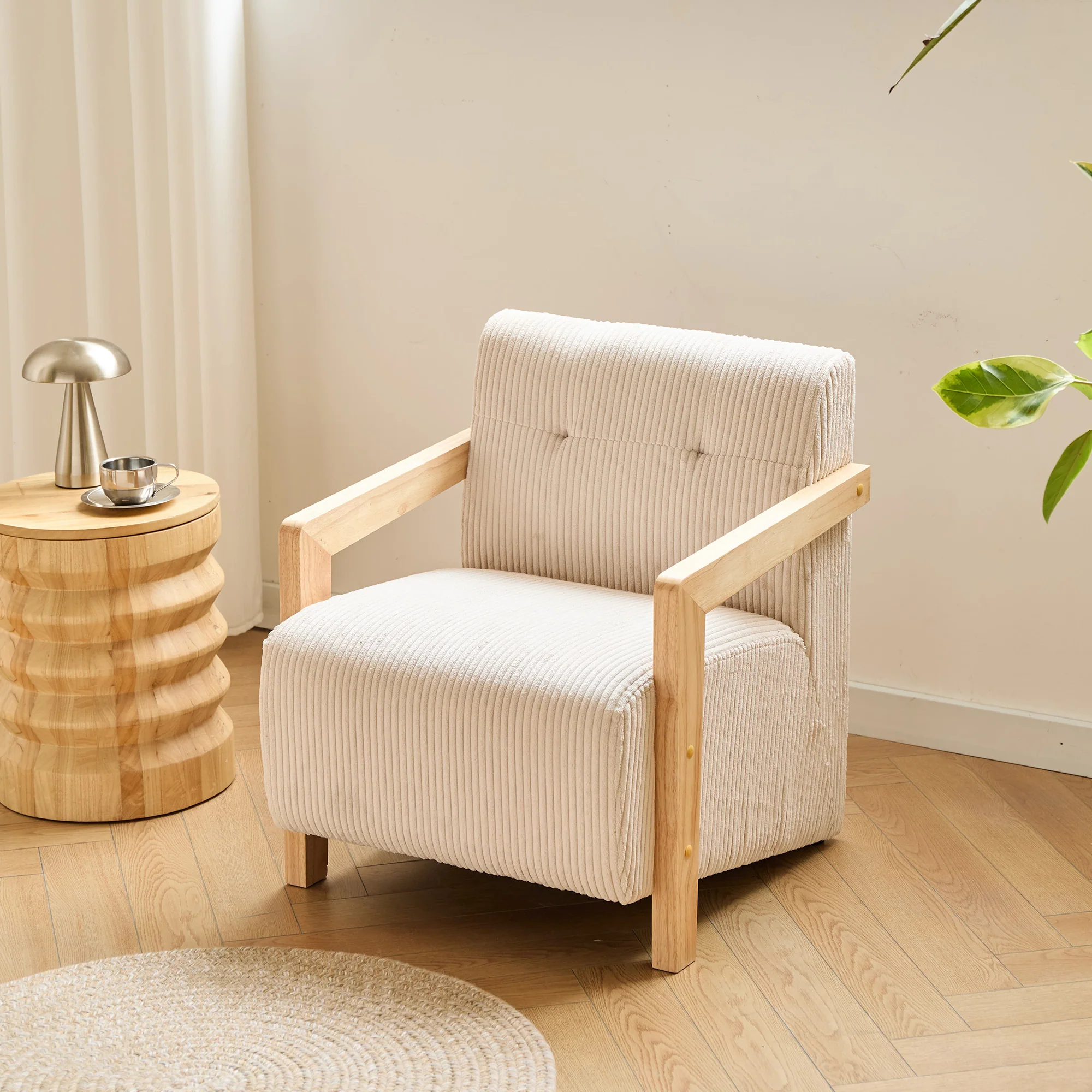 LERWICK - Fauteuil de salon en bois massif et velours côtelé beige - Image 7