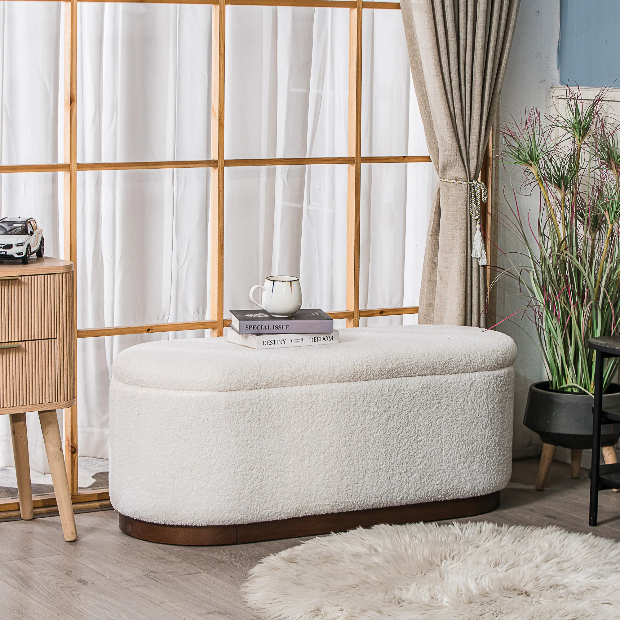 LIMA - Banc coffre avec rangement en bois et bouclettes blanches - Image 7