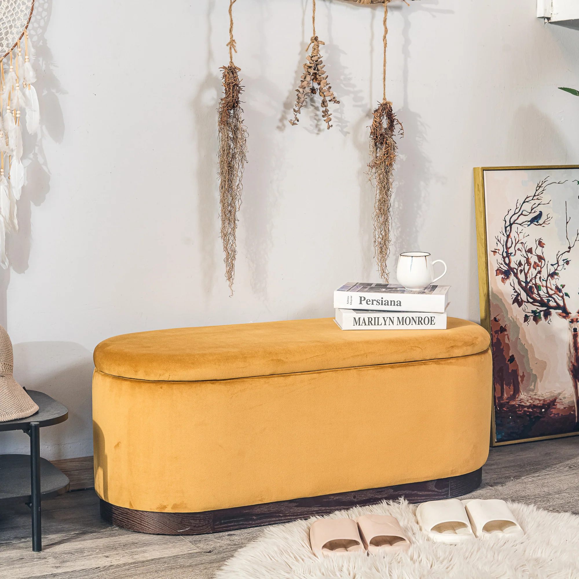 LIMA - Banc coffre avec rangement en bois et velours jaune moutarde - Image 3