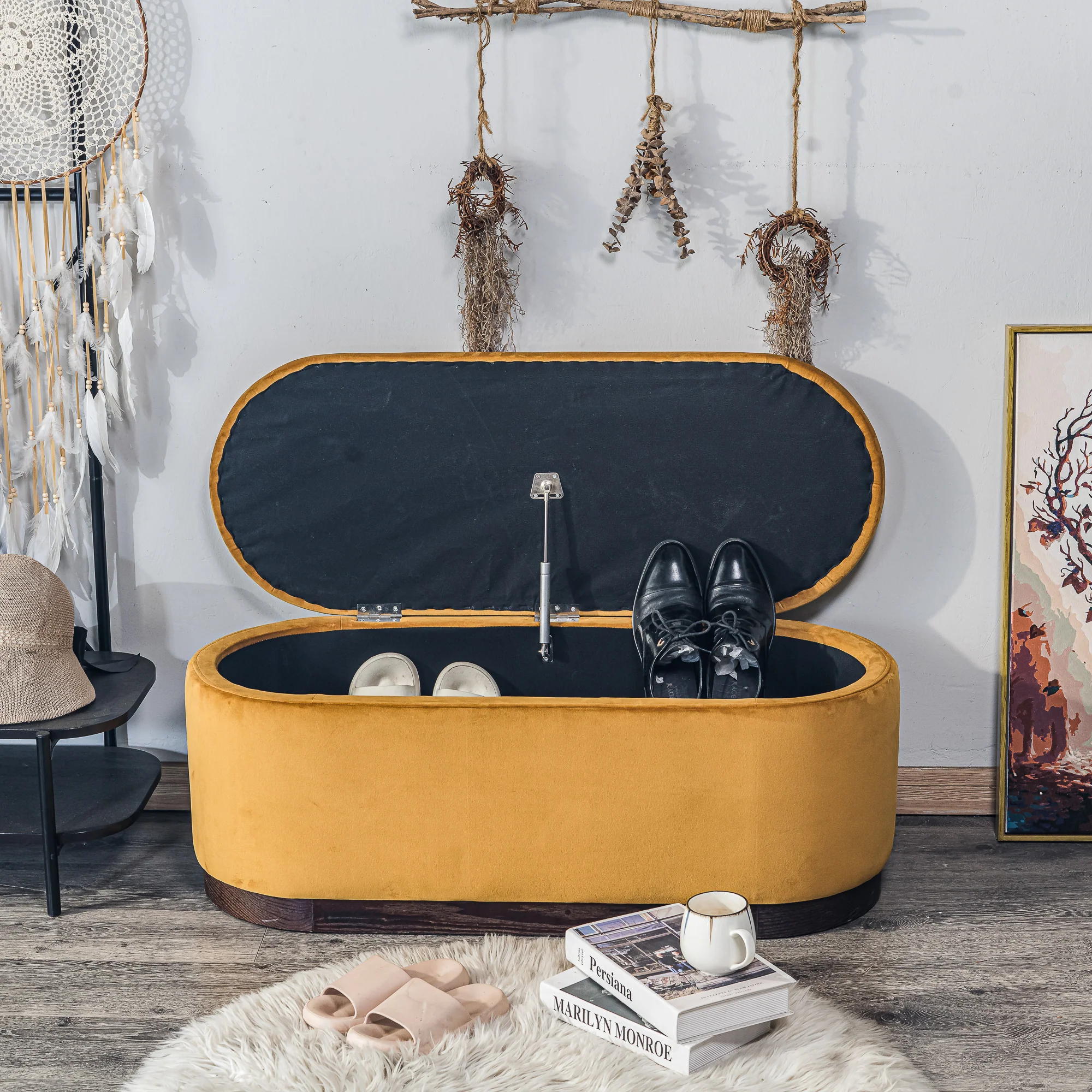 LIMA - Banc coffre avec rangement en bois et velours jaune moutarde - Image 4
