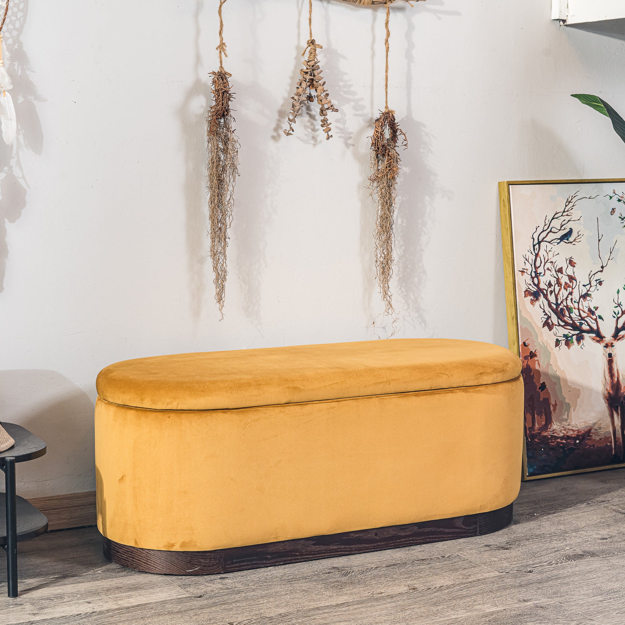 LIMA - Banc coffre avec rangement en bois et velours jaune moutarde - Image 8