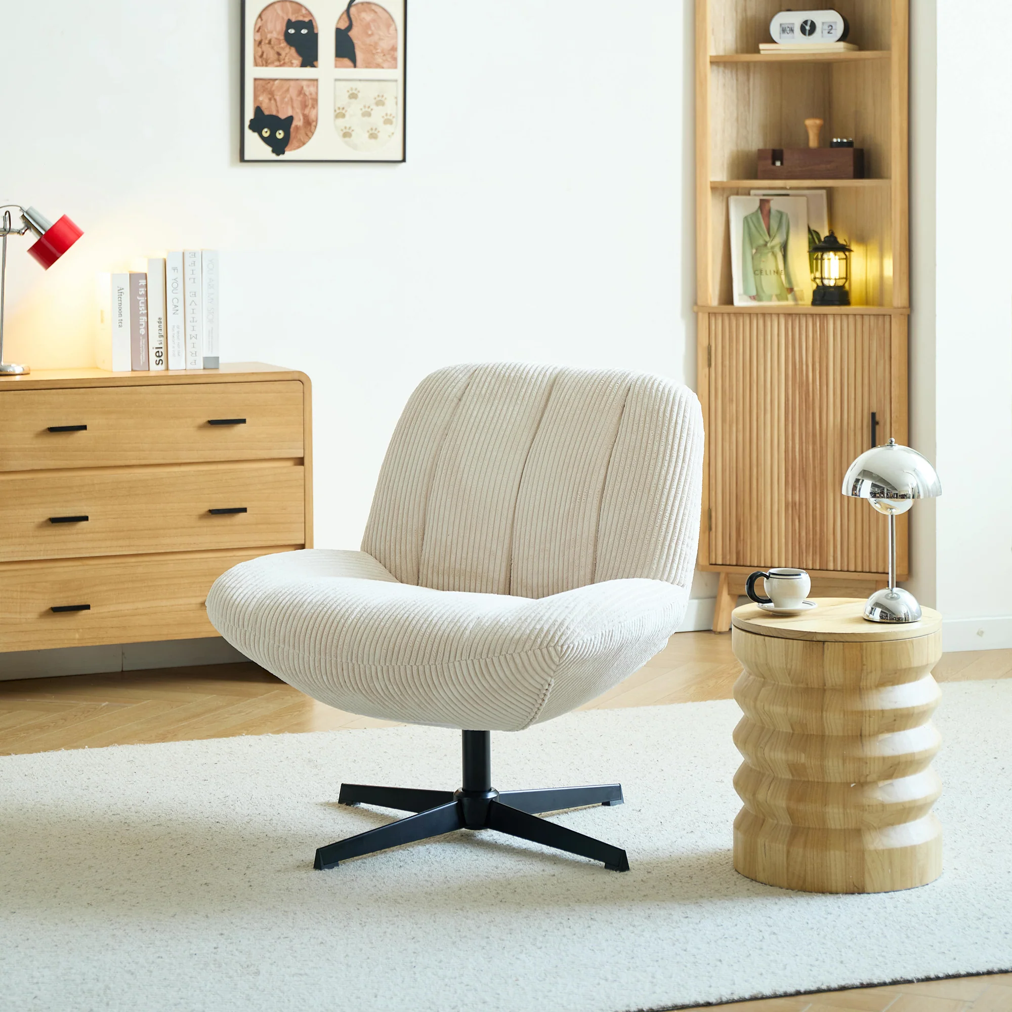 NAMSOS - Fauteuil swivel pivotant en velours côtelé beige - Image 6