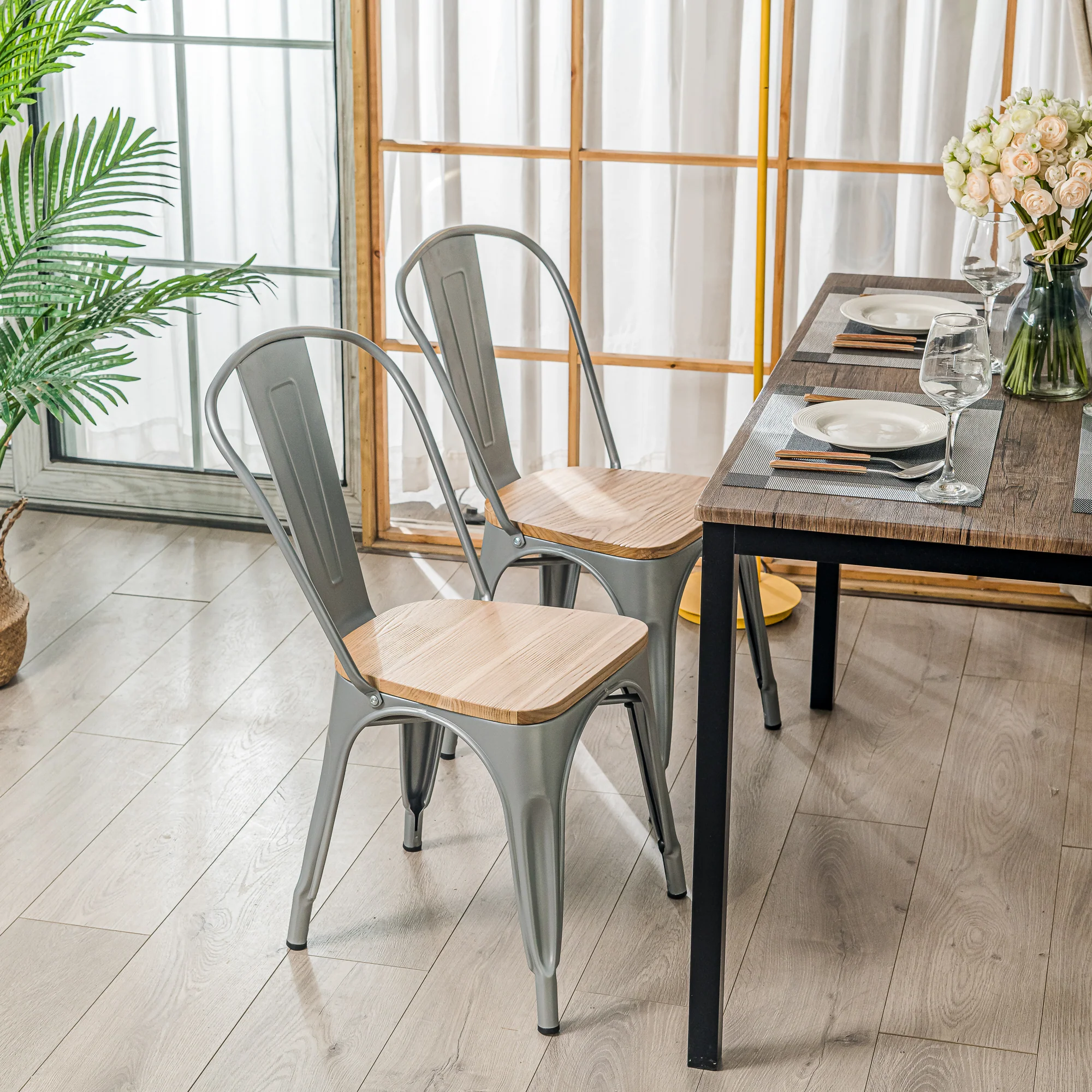 NASH - Lot de 4 chaises industrielles en métal et bois gris - Image 7