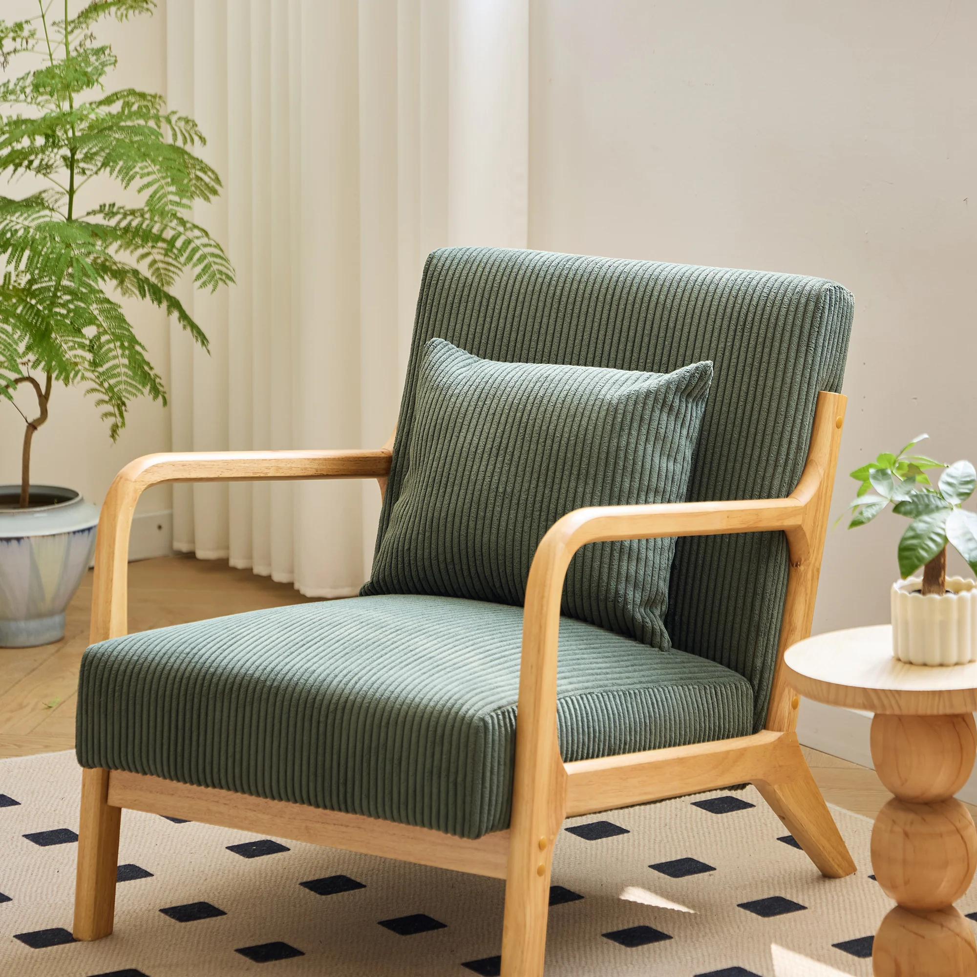 OHAMA - Fauteuil de salon en bois massif et velours côtelé vert - Image 8