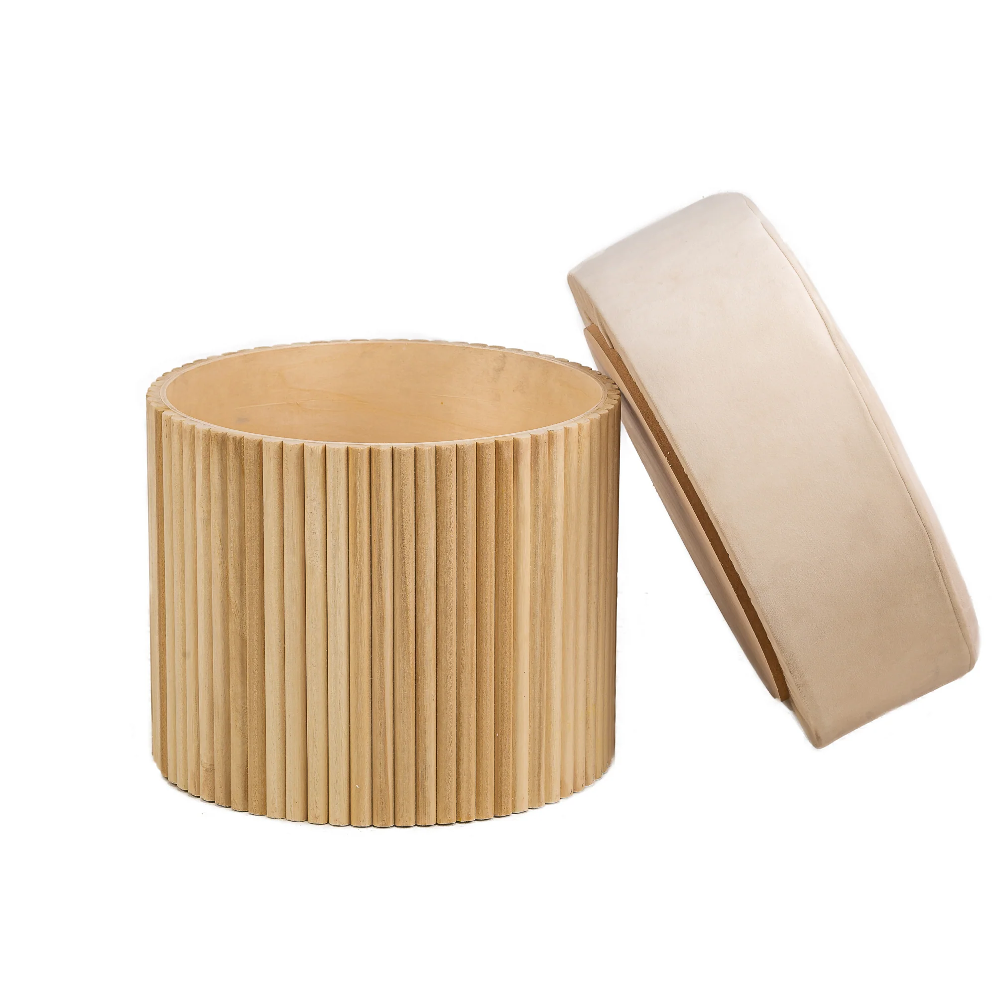 OTSU - Pouf en velours beige et base en bois - Image 4