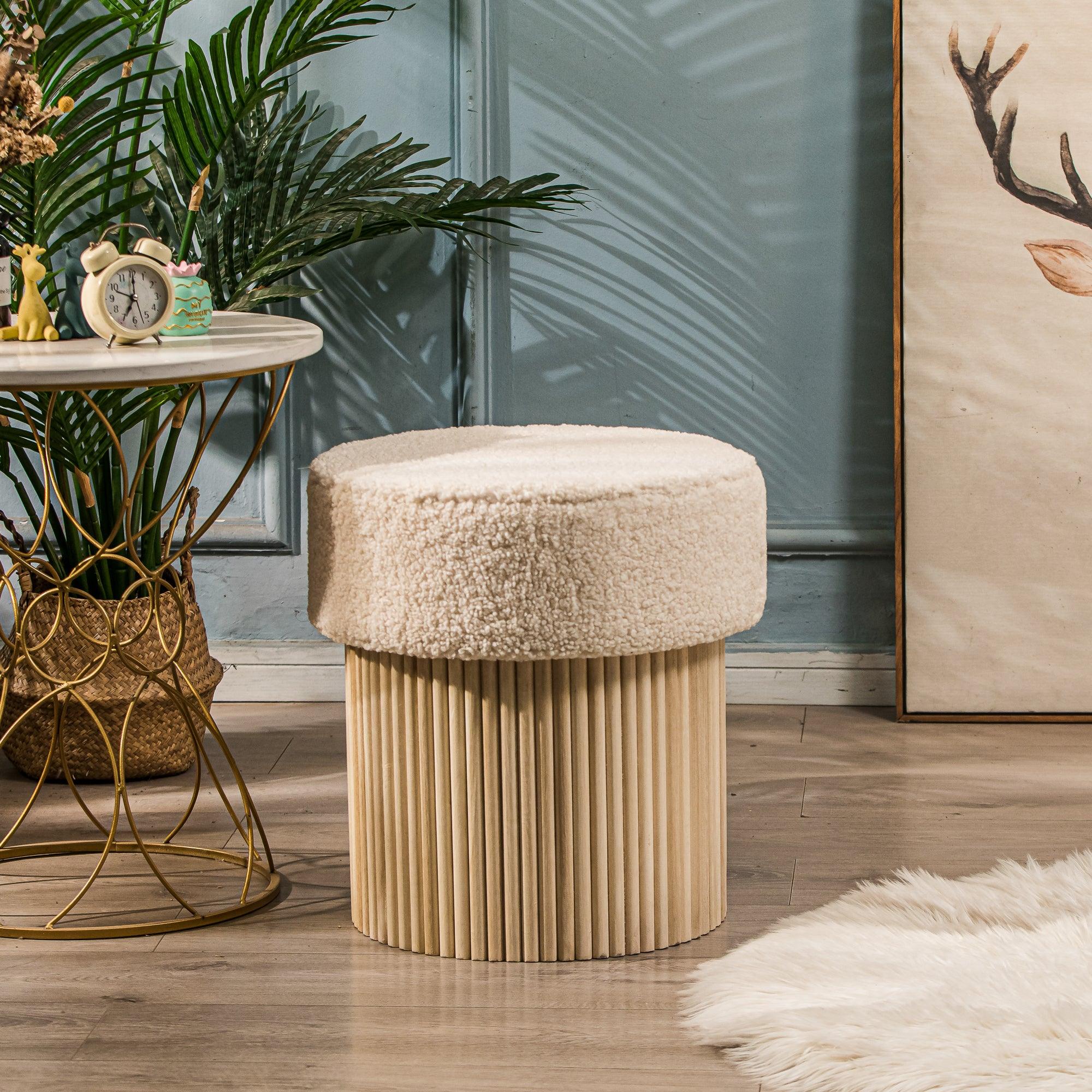 OTSU - Pouf en bouclettes blanches et base en bois - Image 2