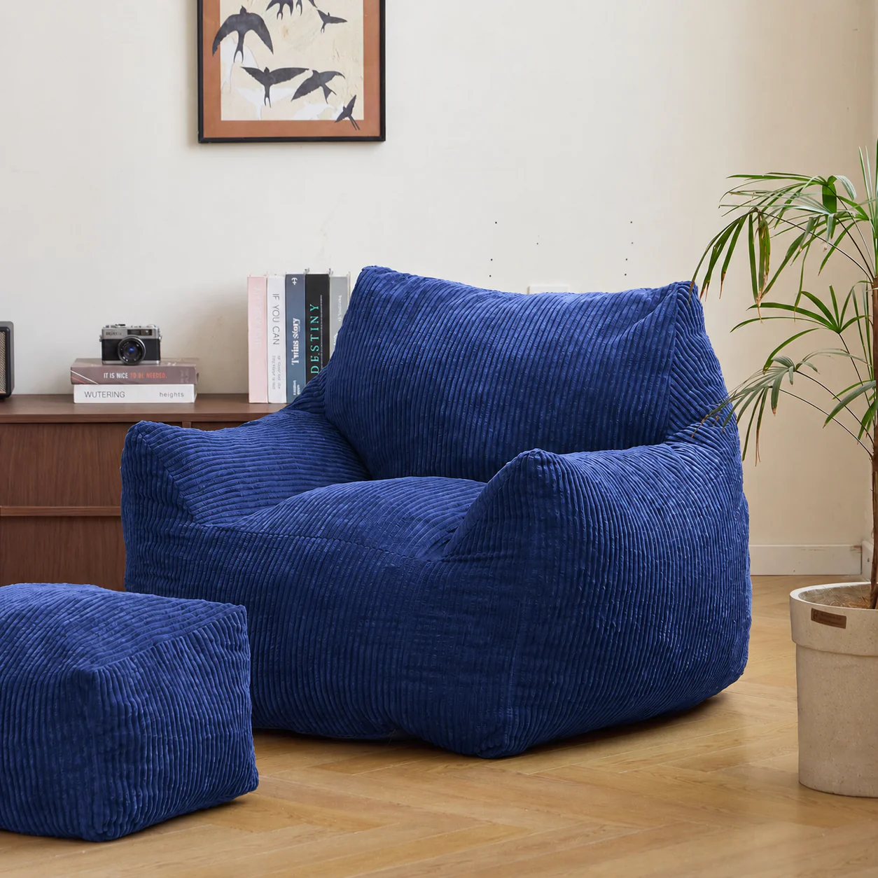 SABY - Pouf et repose pieds en velours côtelé bleu - Image 2