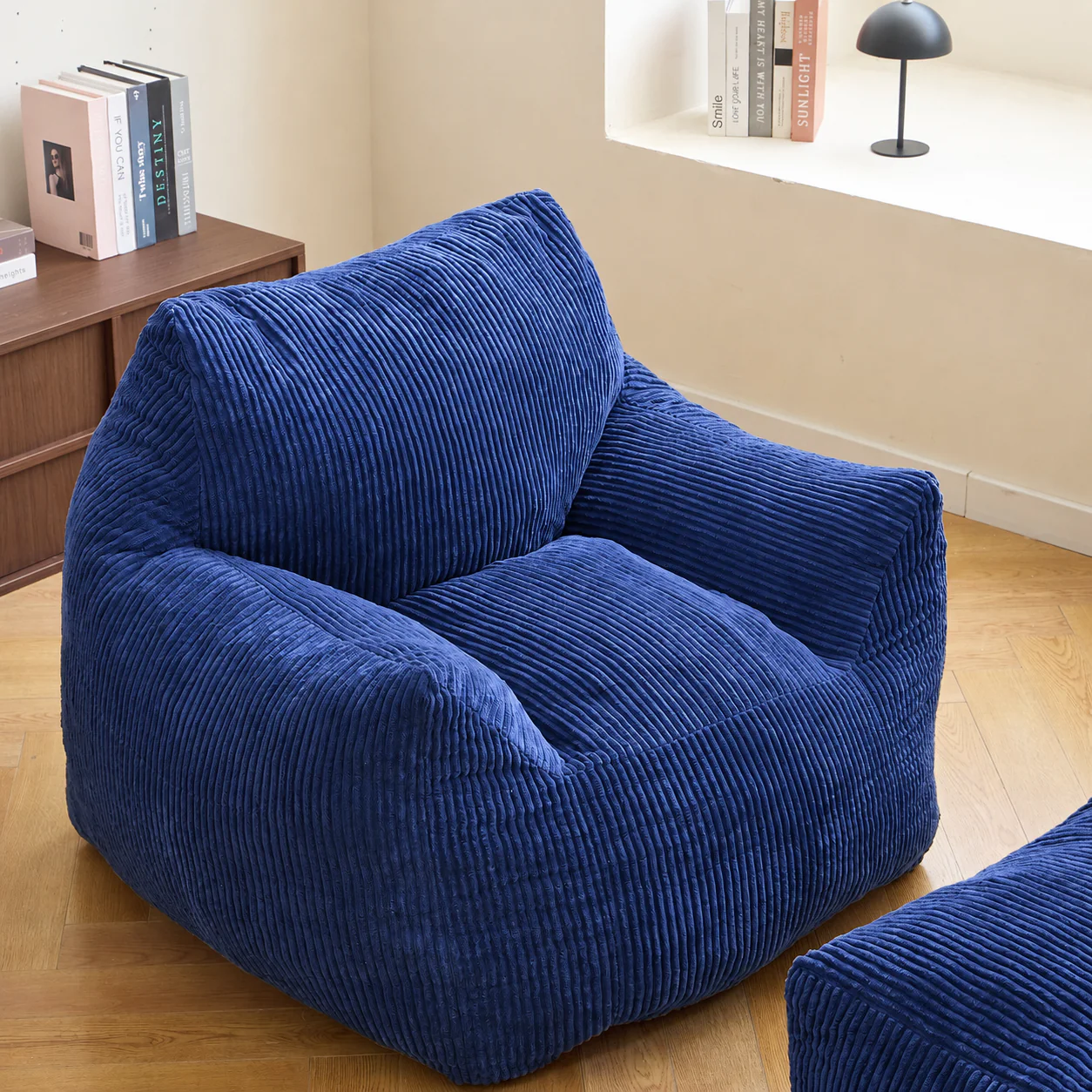 SABY - Pouf et repose pieds en velours côtelé bleu - Image 5