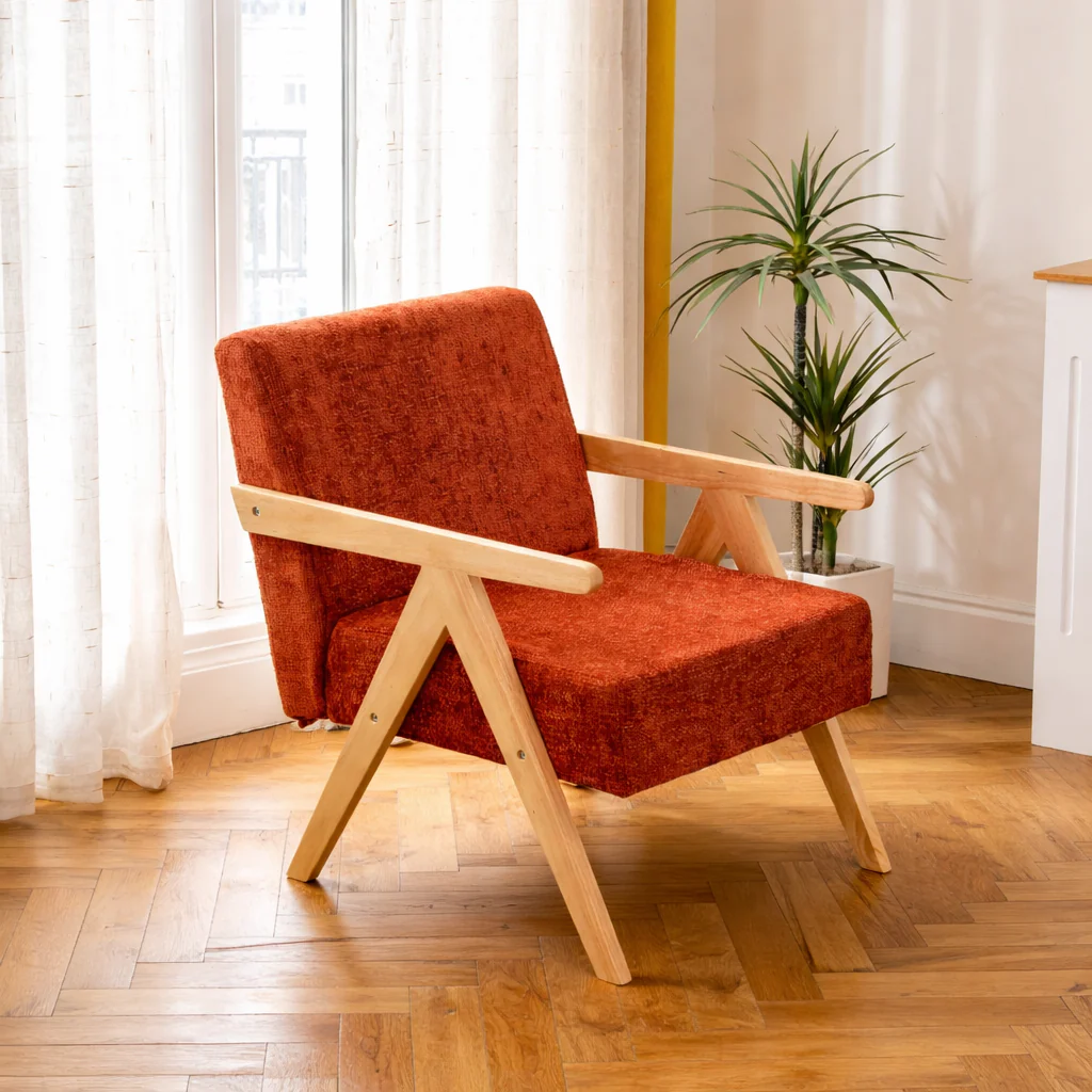 SANTAREM - Fauteuil de salon en bois massif et tissu terracotta - Image 8
