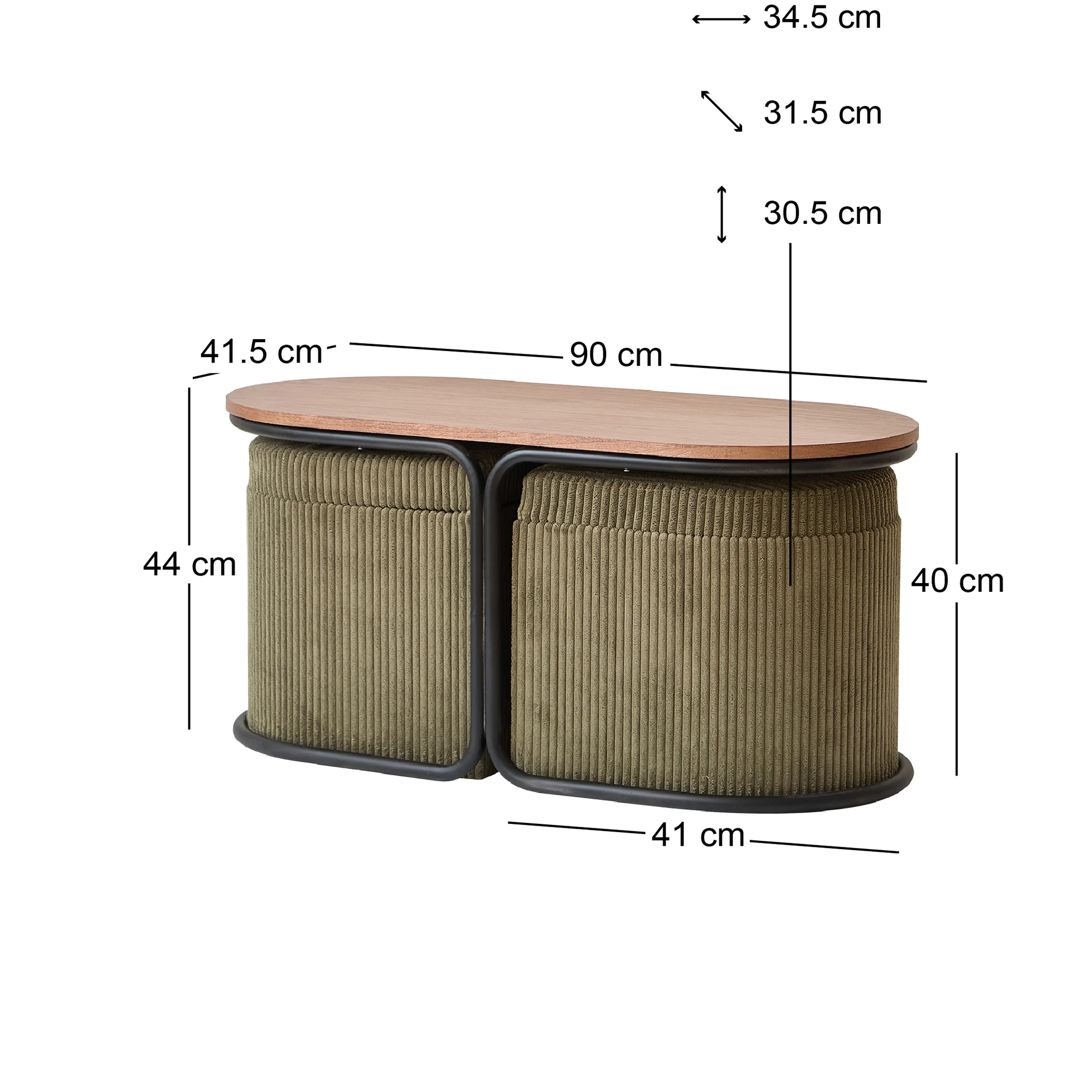 SENJA - Set d'une table basse en bois et 2 poufs en velours côtelé vert - Image 4
