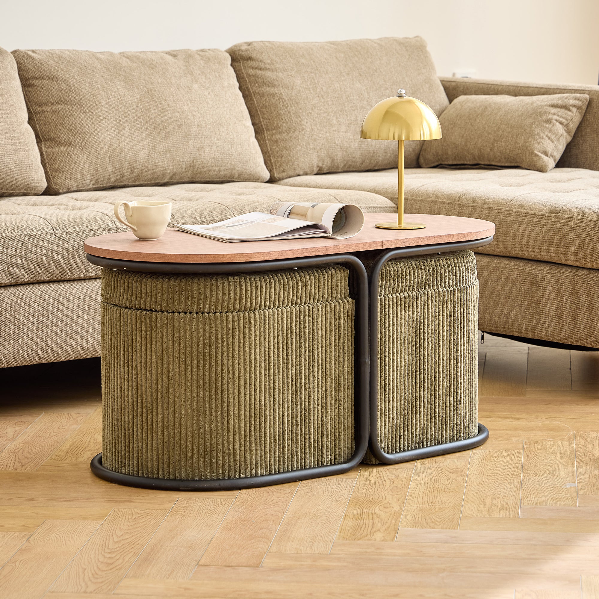 SENJA - Set d'une table basse en bois et 2 poufs en velours côtelé vert - Image 7
