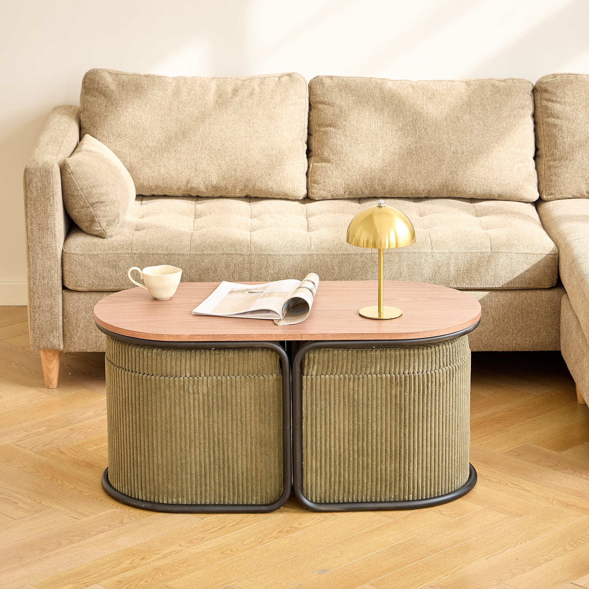 SENJA - Set d'une table basse en bois et 2 poufs en velours côtelé vert - Image 9
