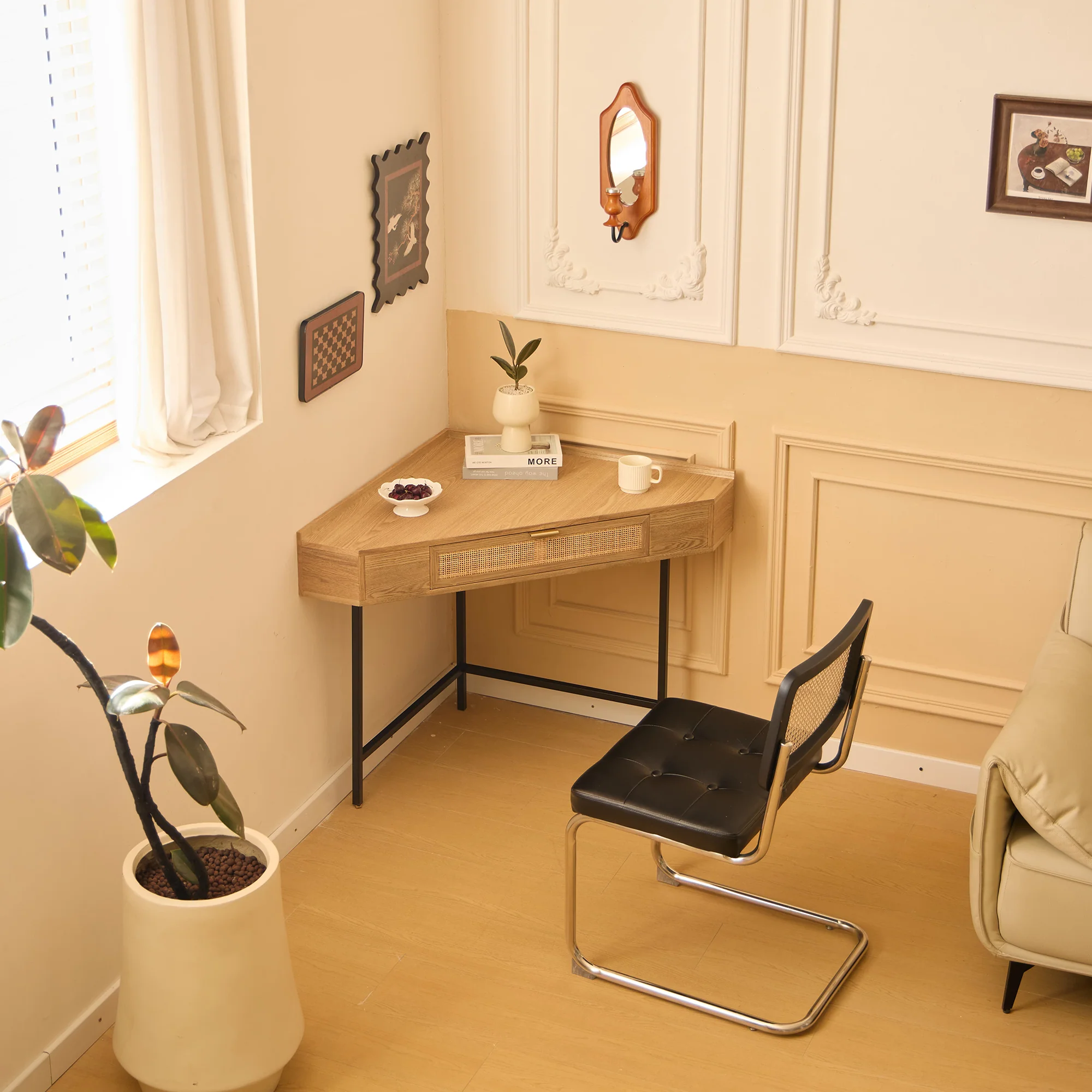 SETO - Bureau d'angle en bois et rotin 1 tiroir - Image 3