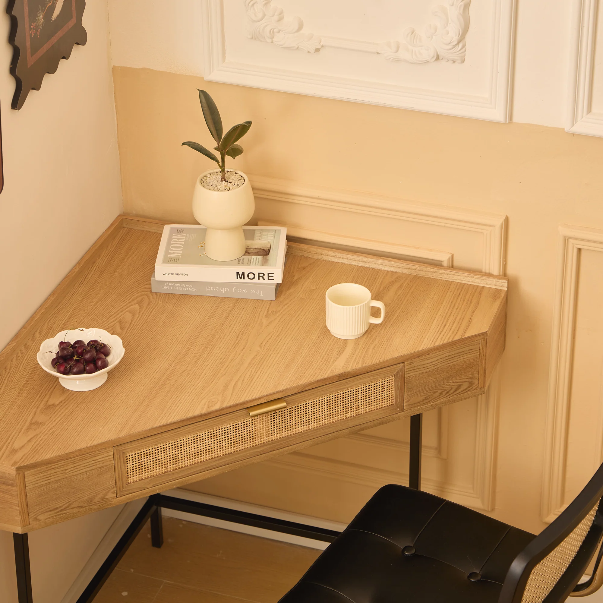 SETO - Bureau d'angle en bois et rotin 1 tiroir - Image 6