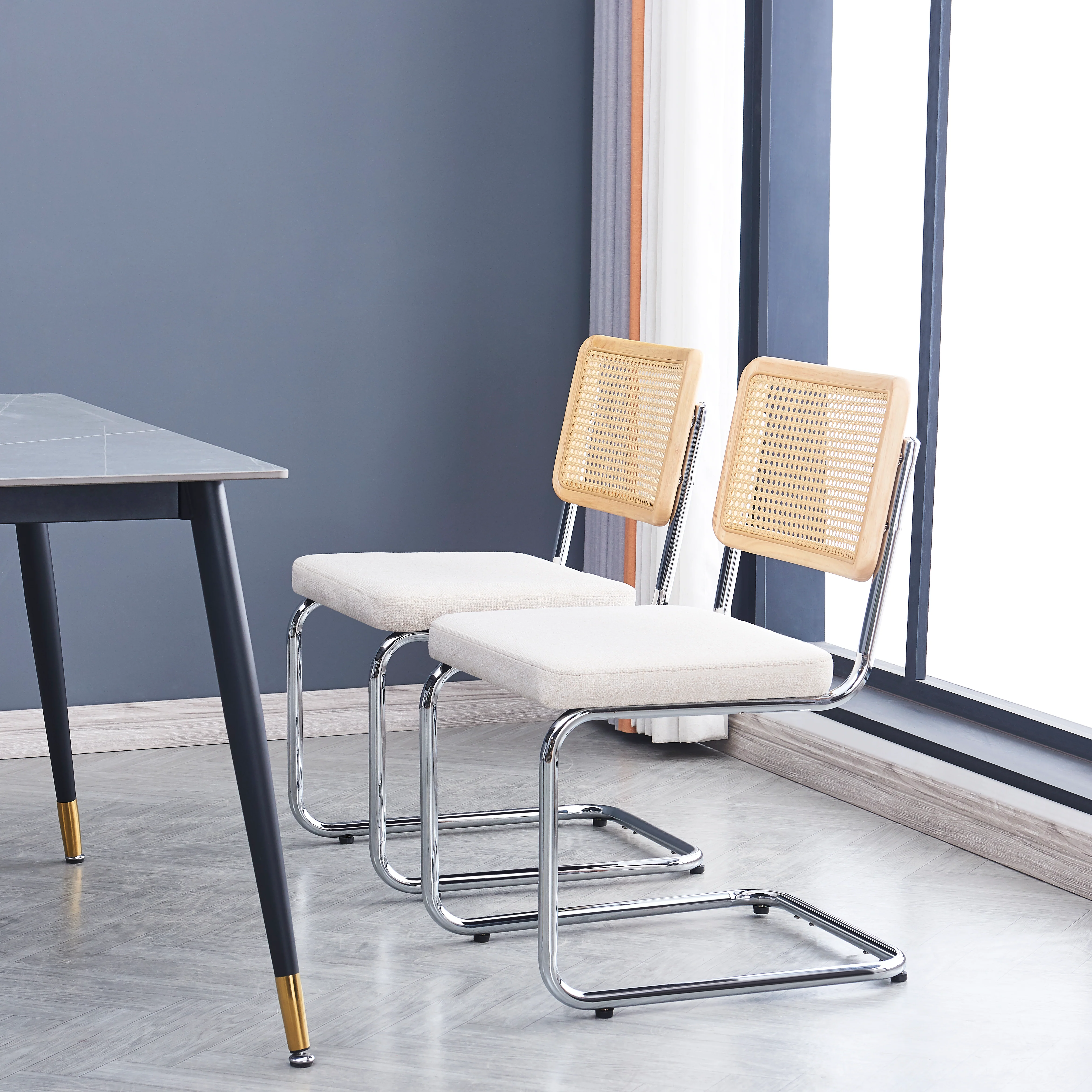 SOFIA - Lot de 2 chaises en métal et cannage avec assise en tissu beige - Image 2