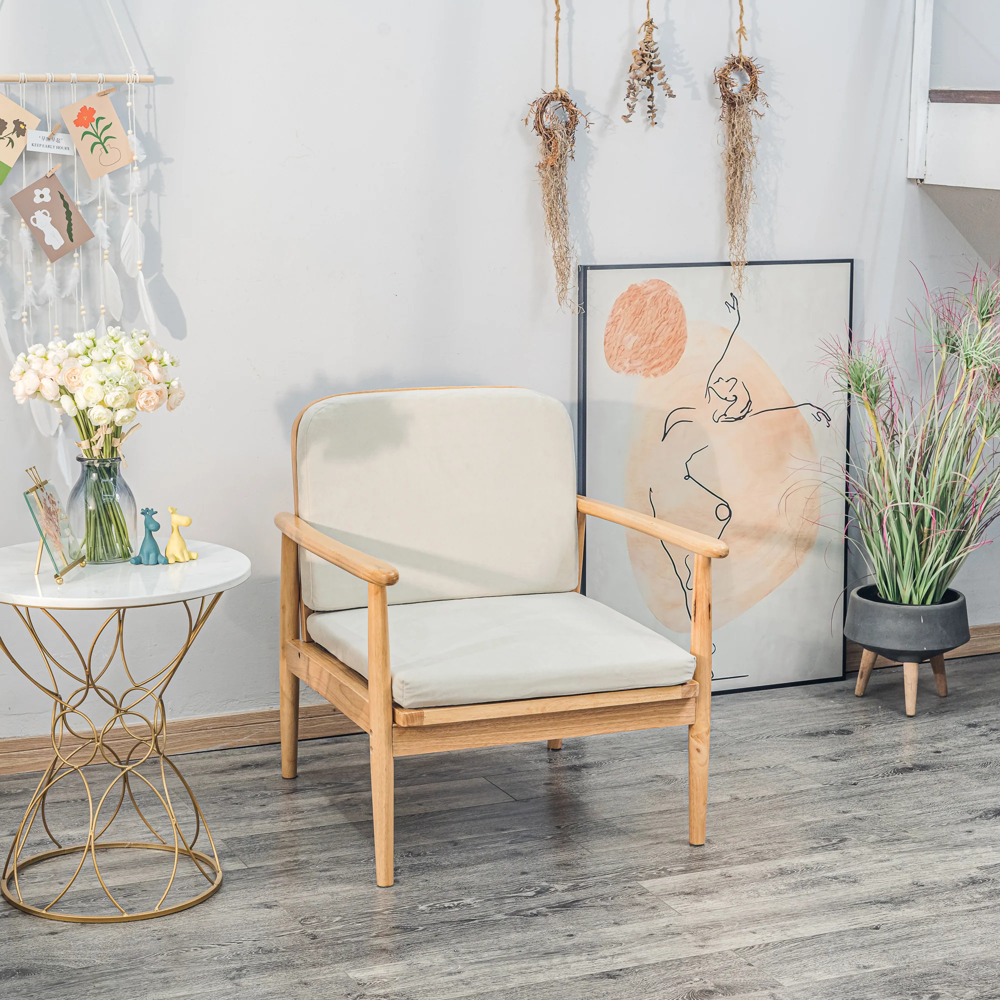SURABAYA - Fauteuil de salon en bois massif et tissu beige - Image 8