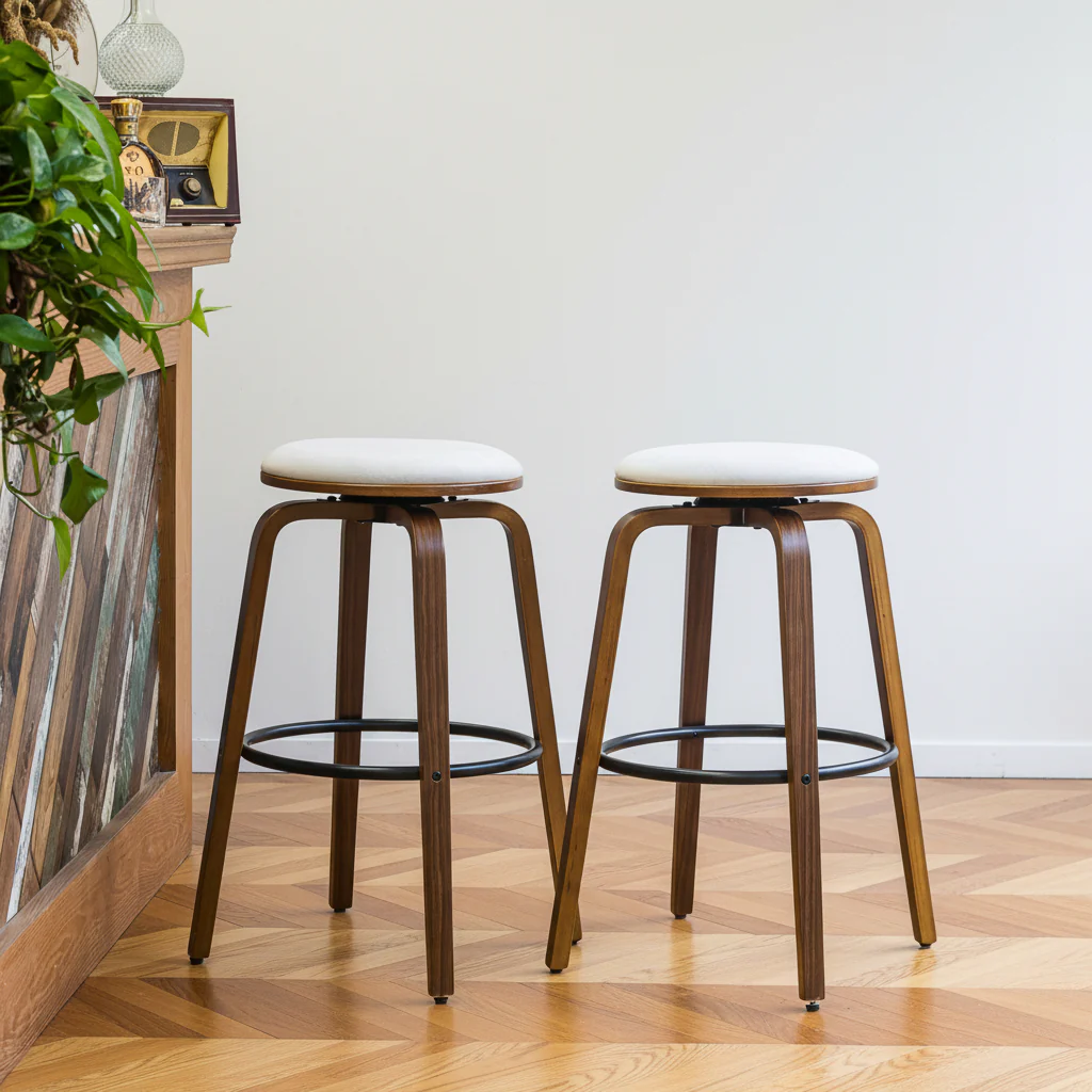 MORENO - Lot de 2 tabourets de bar en bois et velours beige - Image 2