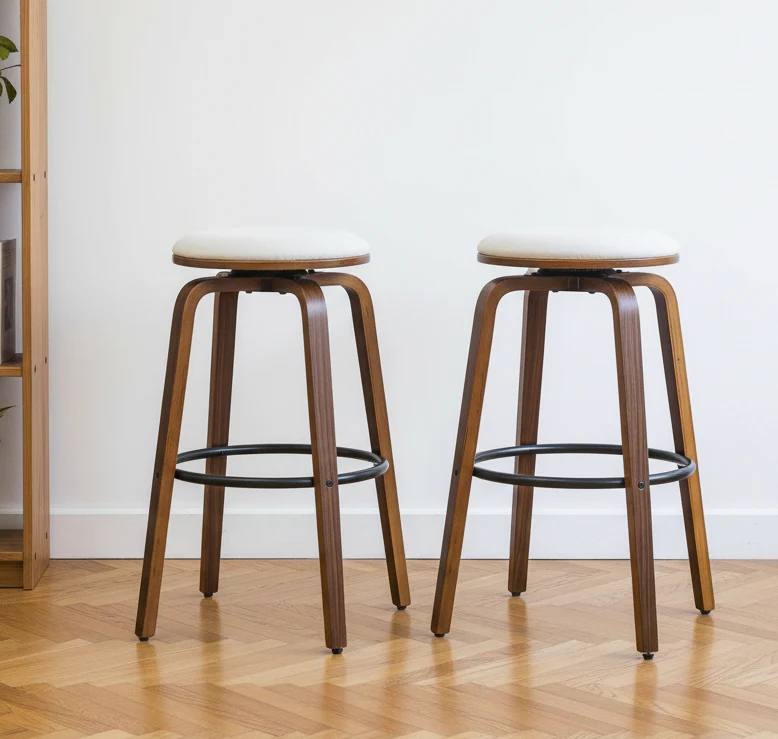 MORENO - Lot de 2 tabourets de bar en bois et velours beige - Image 3
