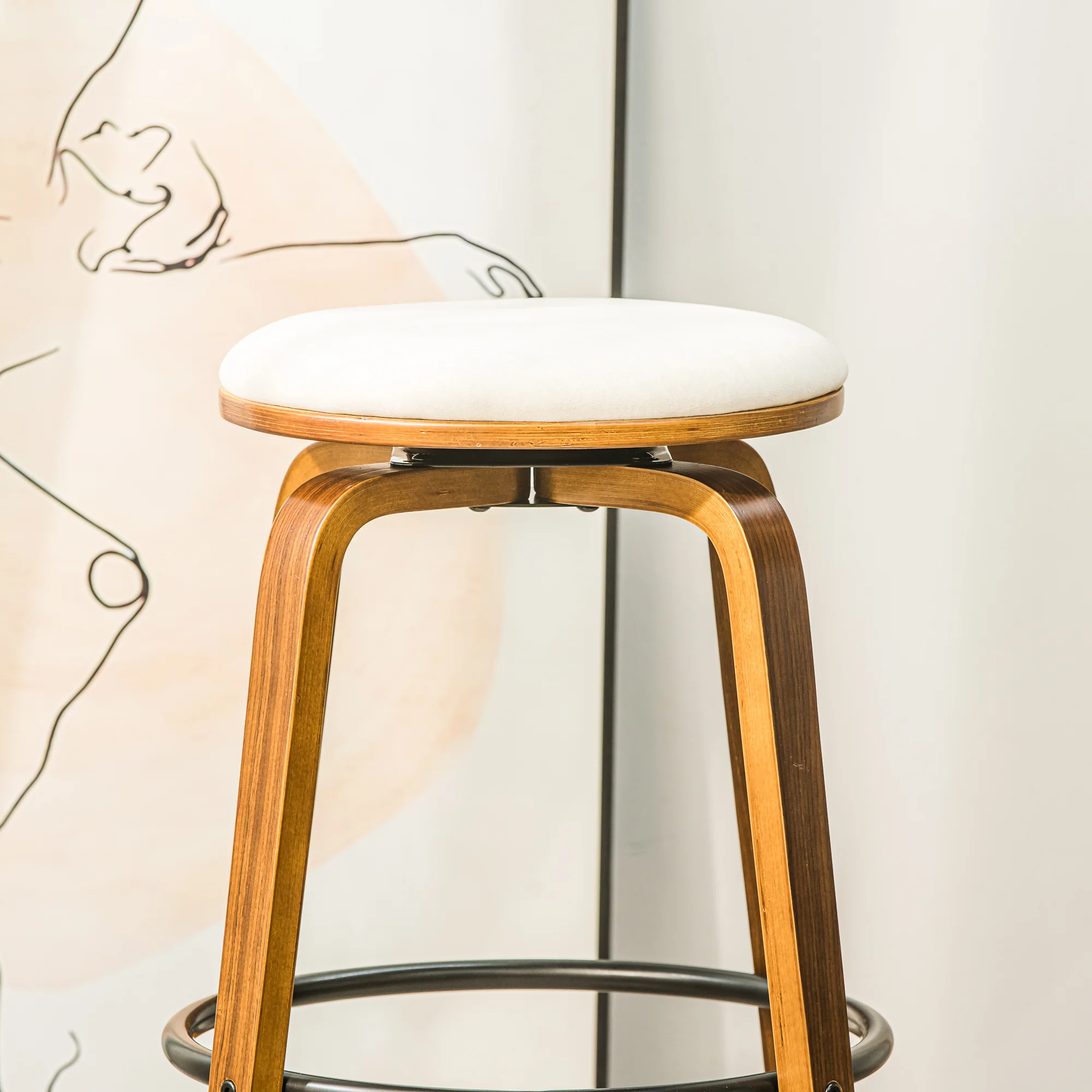 MORENO - Lot de 2 tabourets de bar en bois et velours beige - Image 7