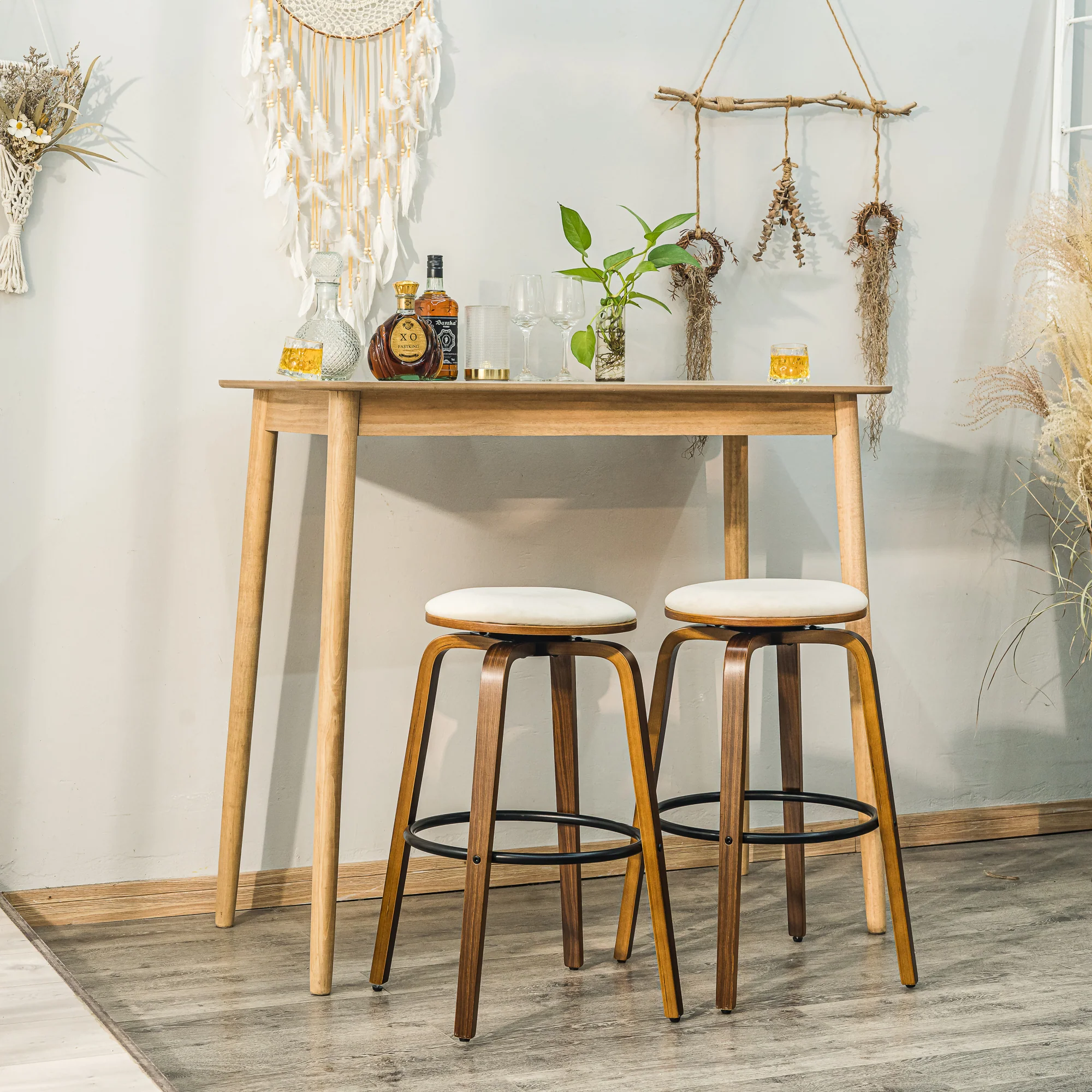 MORENO - Lot de 2 tabourets de bar en bois et velours beige - Image 8