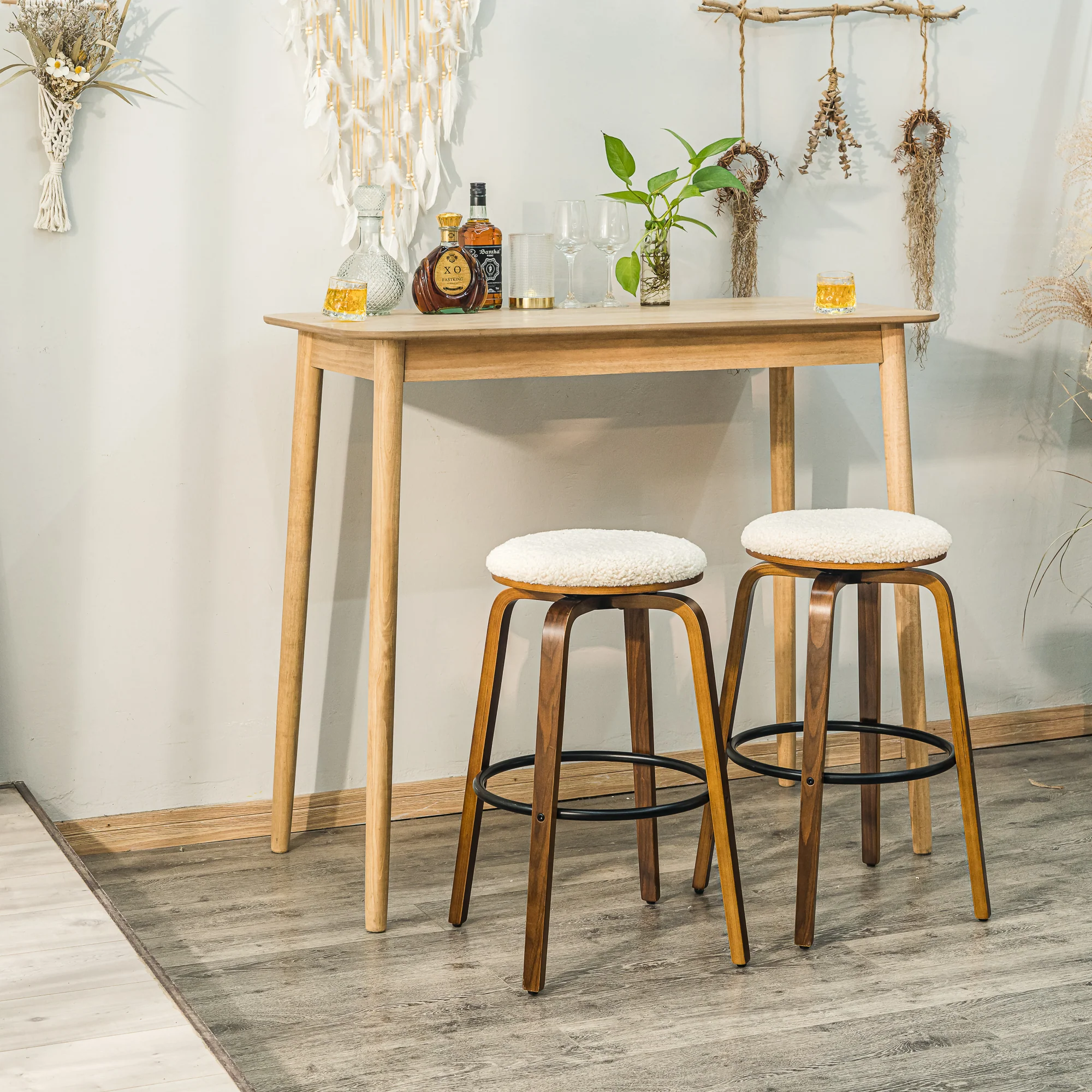 MORENO - Lot de 2 tabourets de bar en bois et bouclettes blanches - Image 4