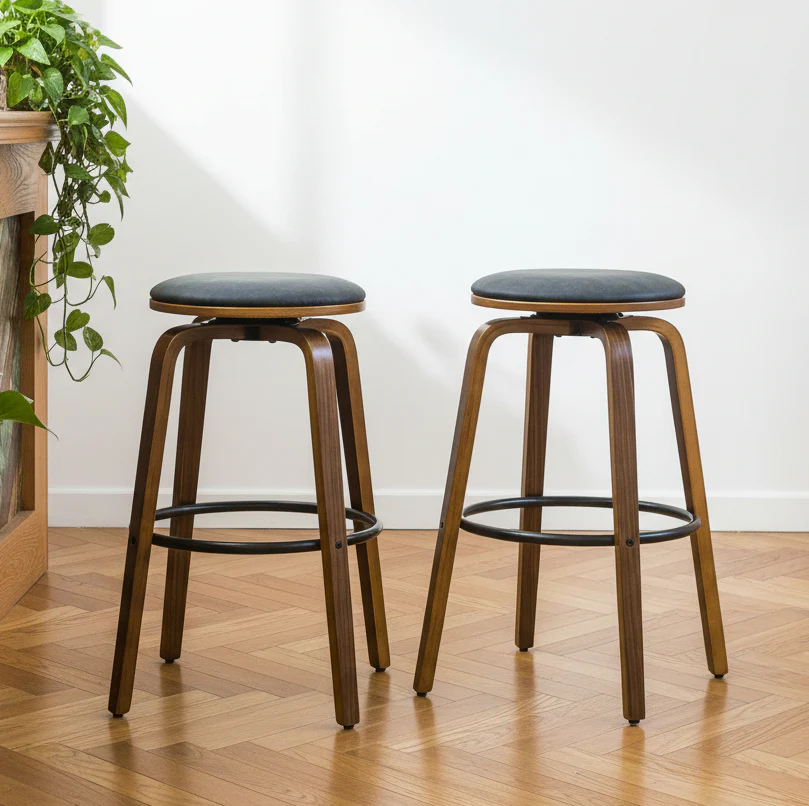 MORENO - Lot de 2 tabourets de bar en bois et suèdine noir - Image 2
