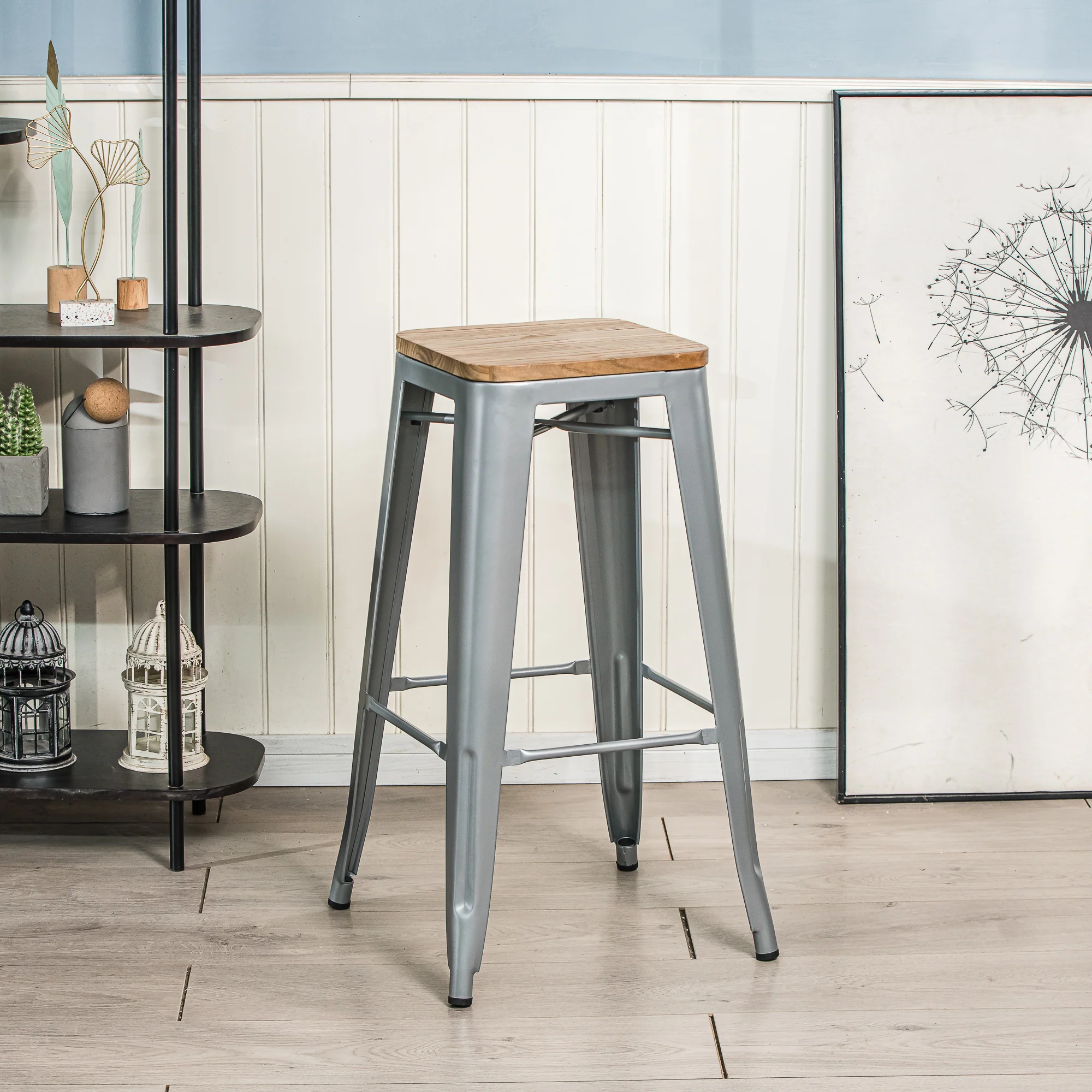 NASH - Lot de 4 tabourets de bar en métal et bois gris - Image 2