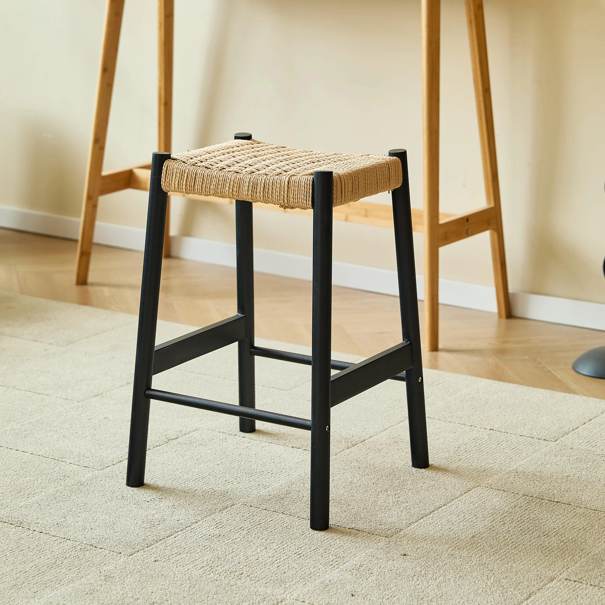 SALTA - Lot de 2 tabourets de bar en bois massif noir et corde - Image 2