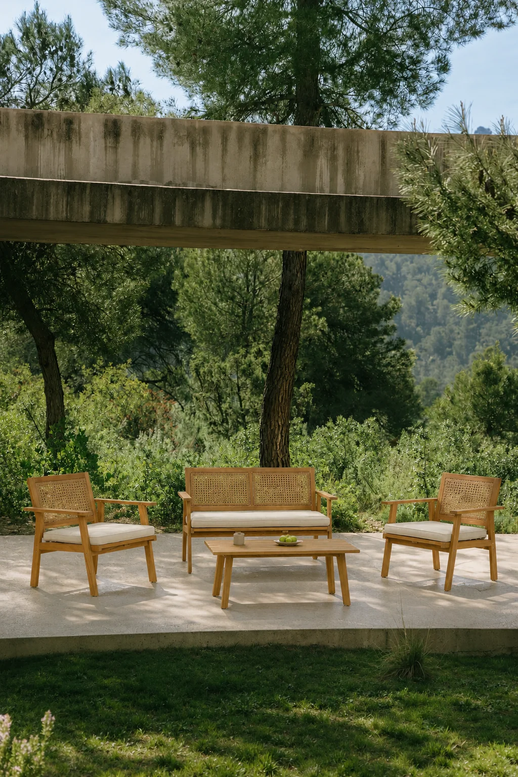 TEMUCO - Salon de jardin en rotin et bois massif beige