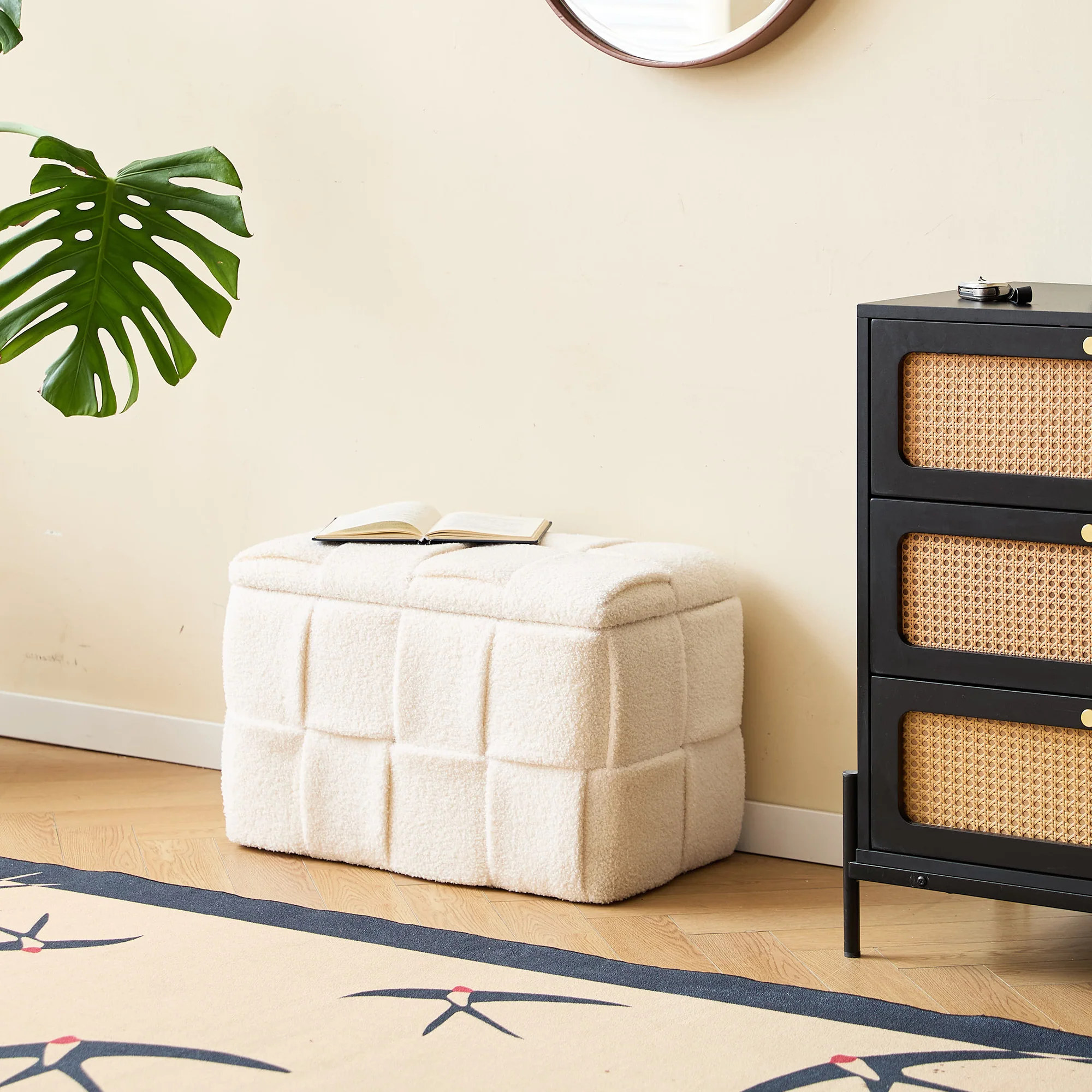 VANERN - Banc avec rangement en bouclettes blanches