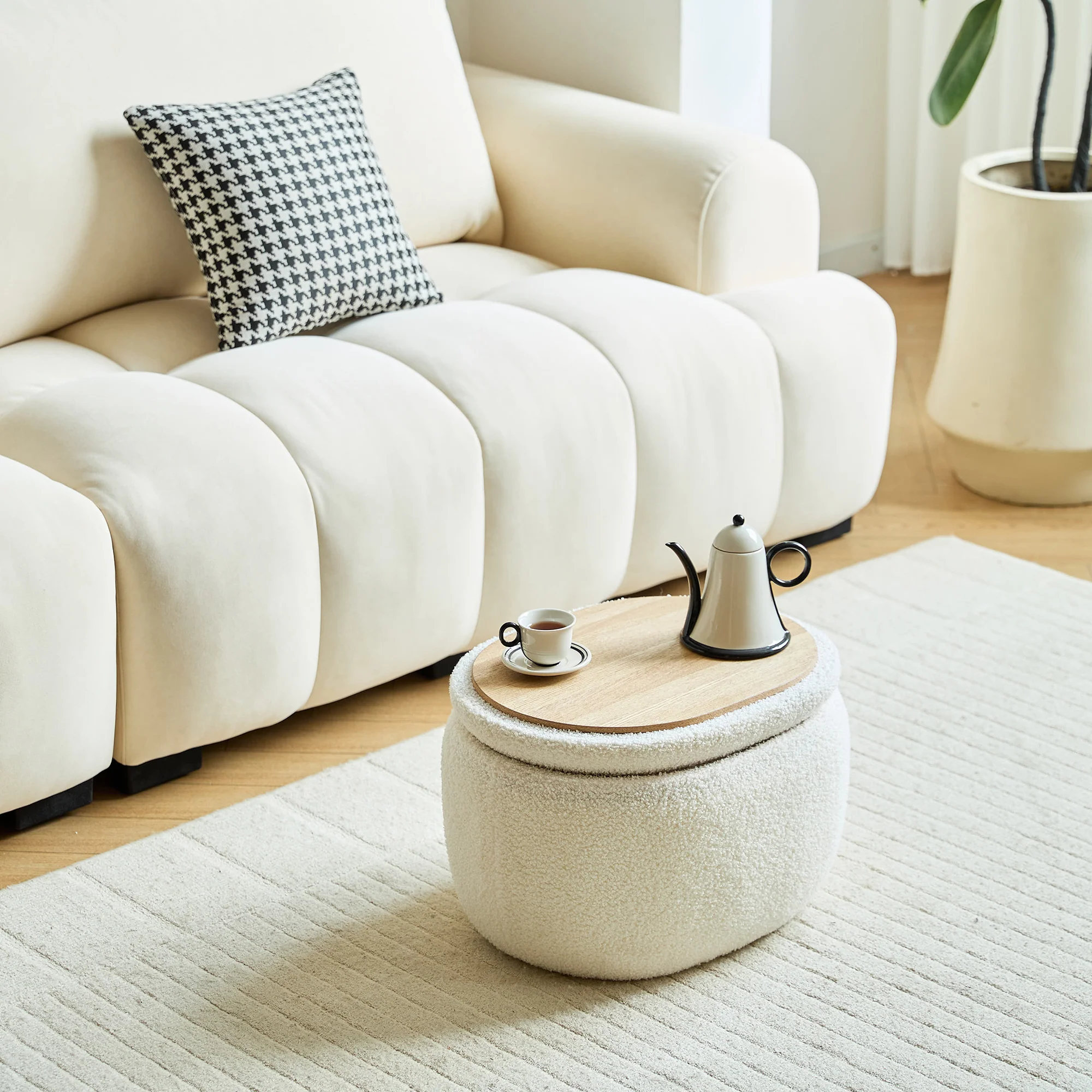 VASA - Pouf table basse avec rangement en bouclettes blanches - Image 5