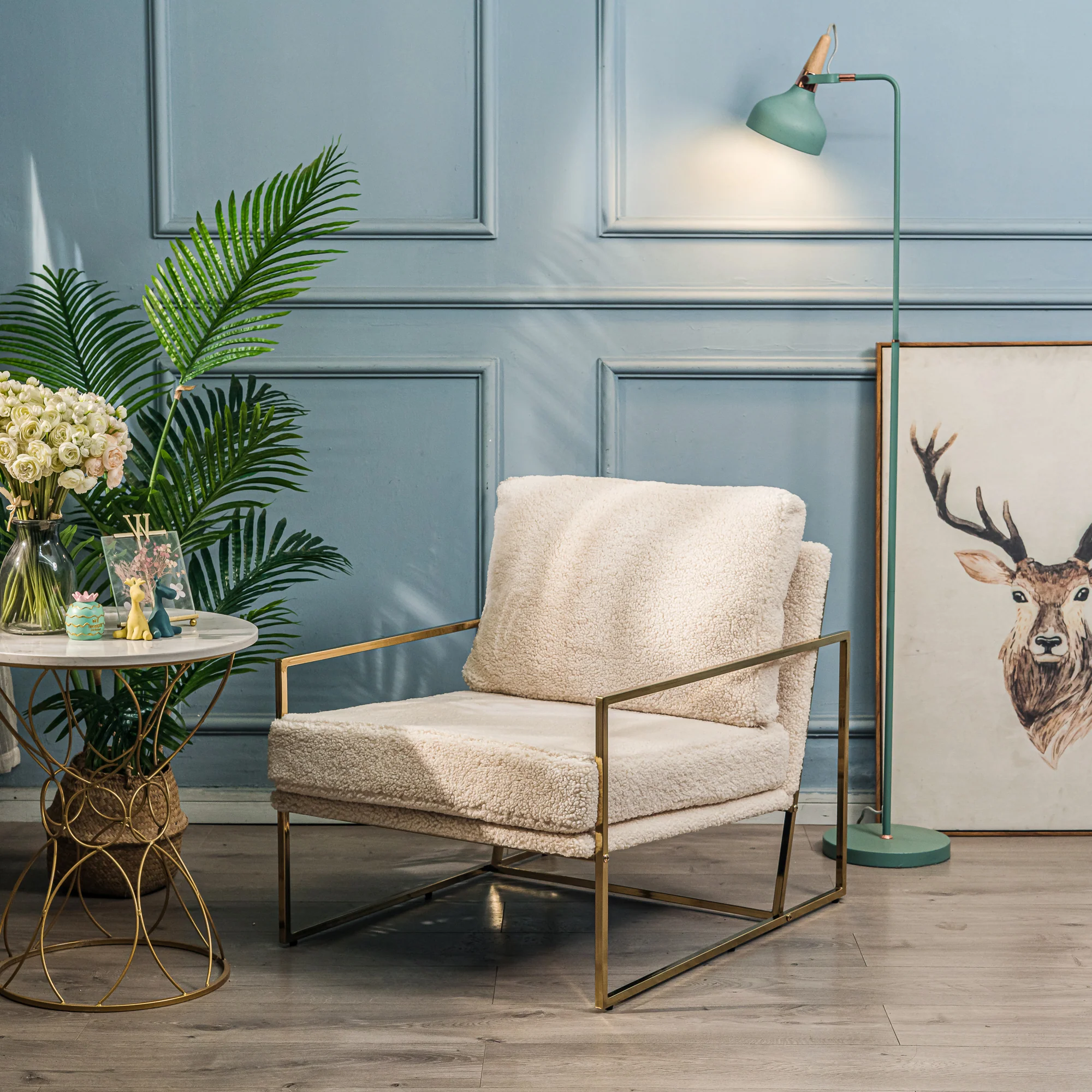 VIBORG - Fauteuil de salon en métal et bouclettes blanc - Image 2
