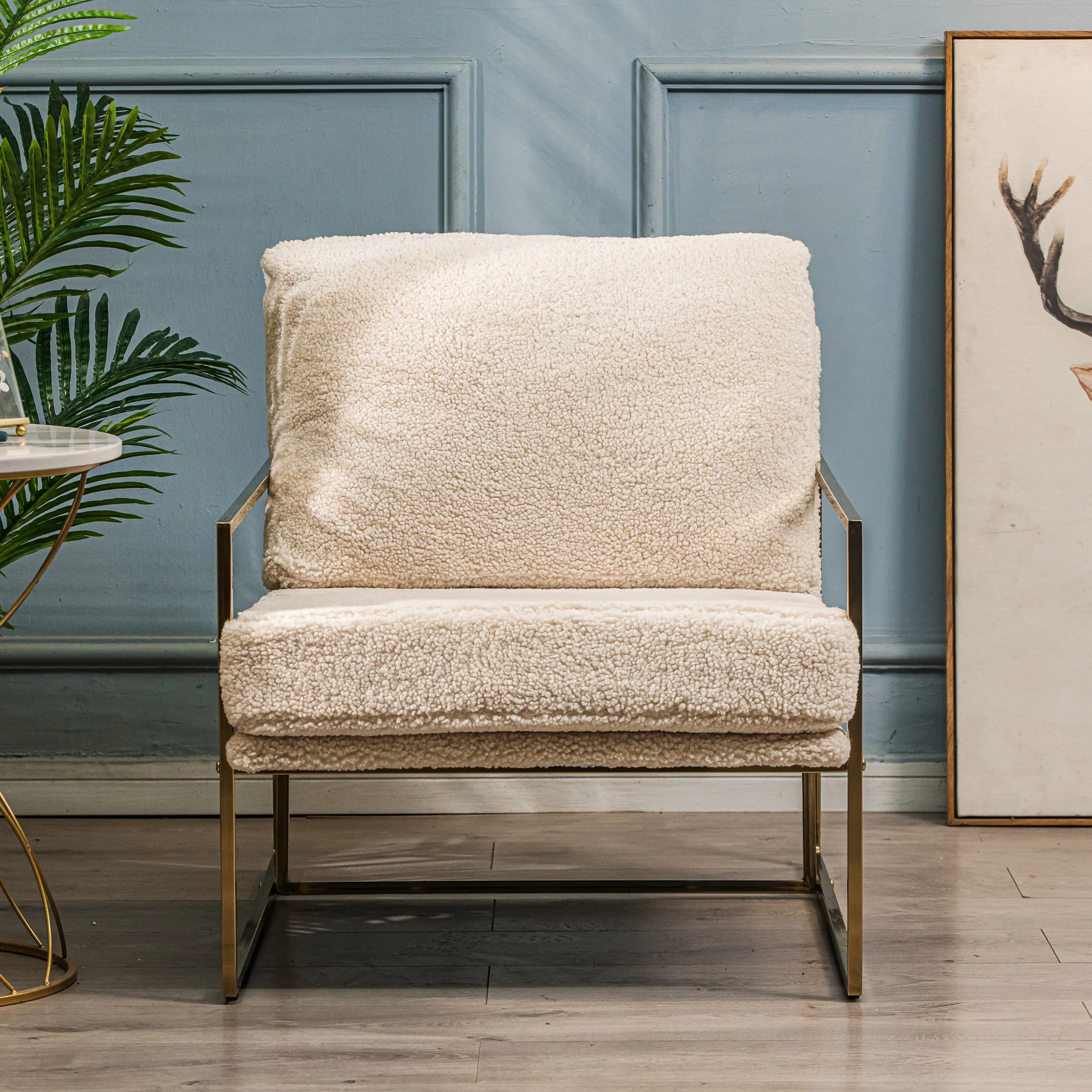 VIBORG - Fauteuil de salon en métal et bouclettes blanc - Image 3